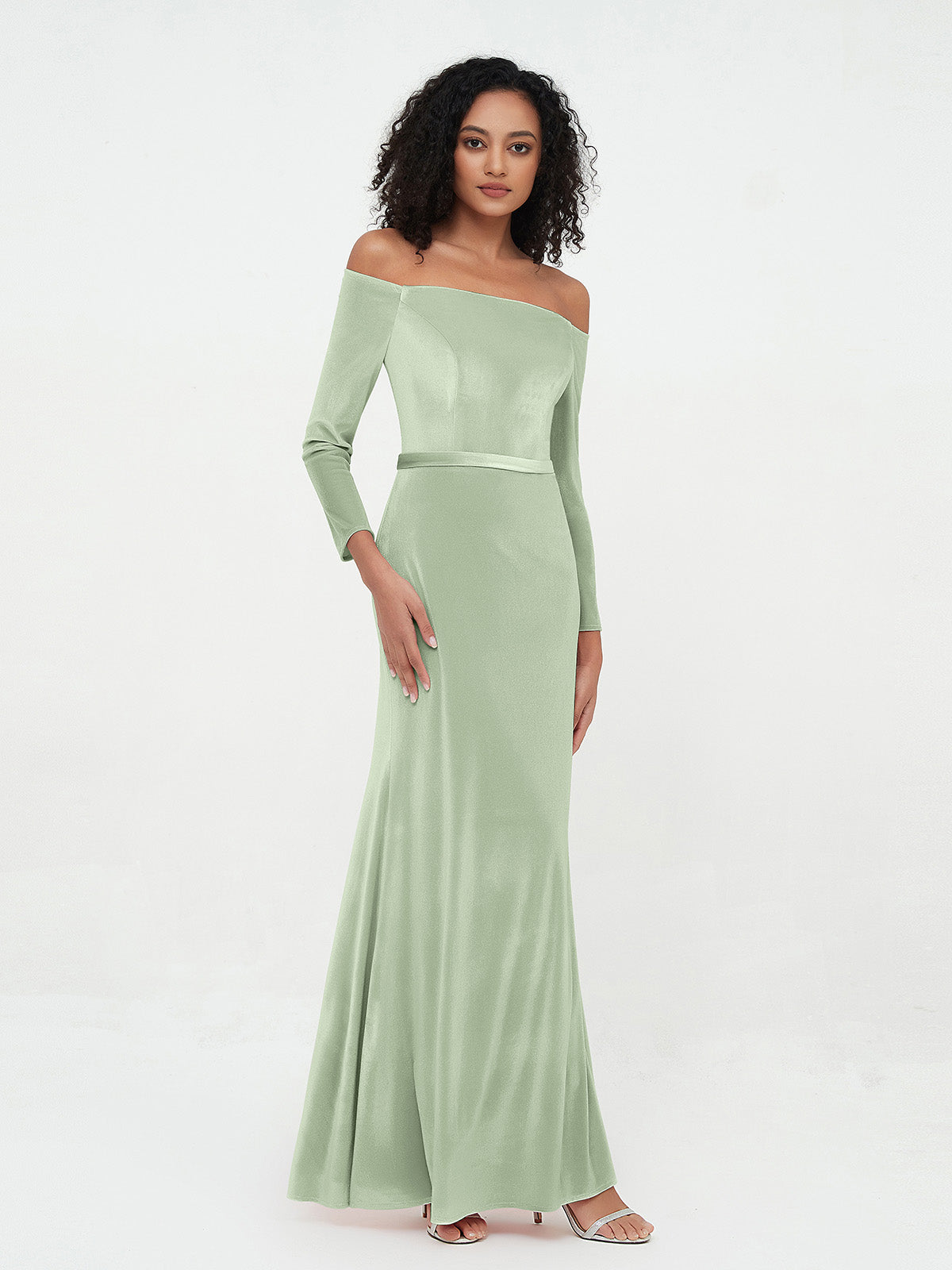BABARONI Velvet Dusty Sage Bridesmaid Dresses Sheath/Column  Off-the-shoulder Long Sleeve Floor-length – BABARONI UK