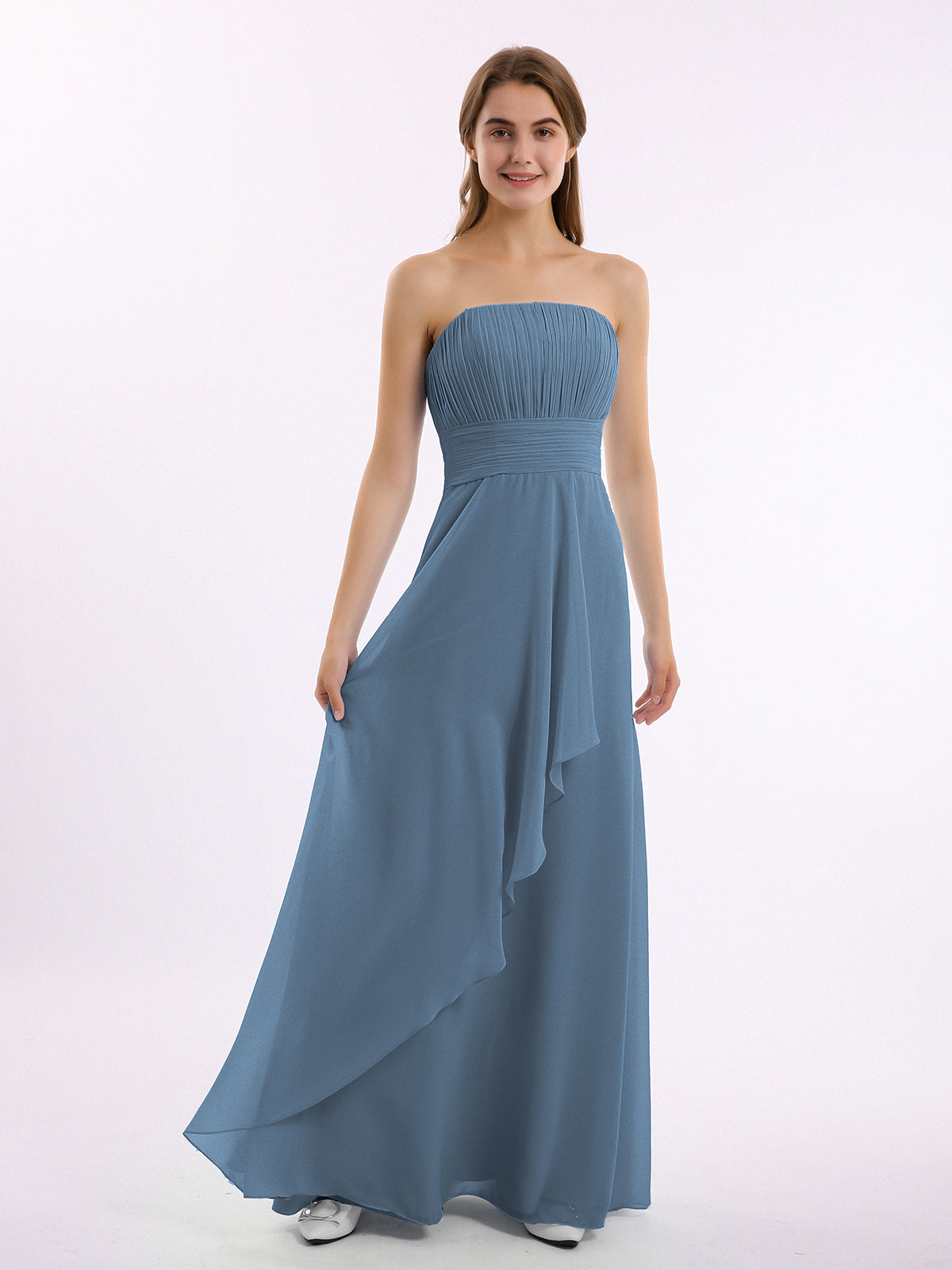 Square Neckline Ruched Chiffon Floor-length Dress Slate Blue main image 1