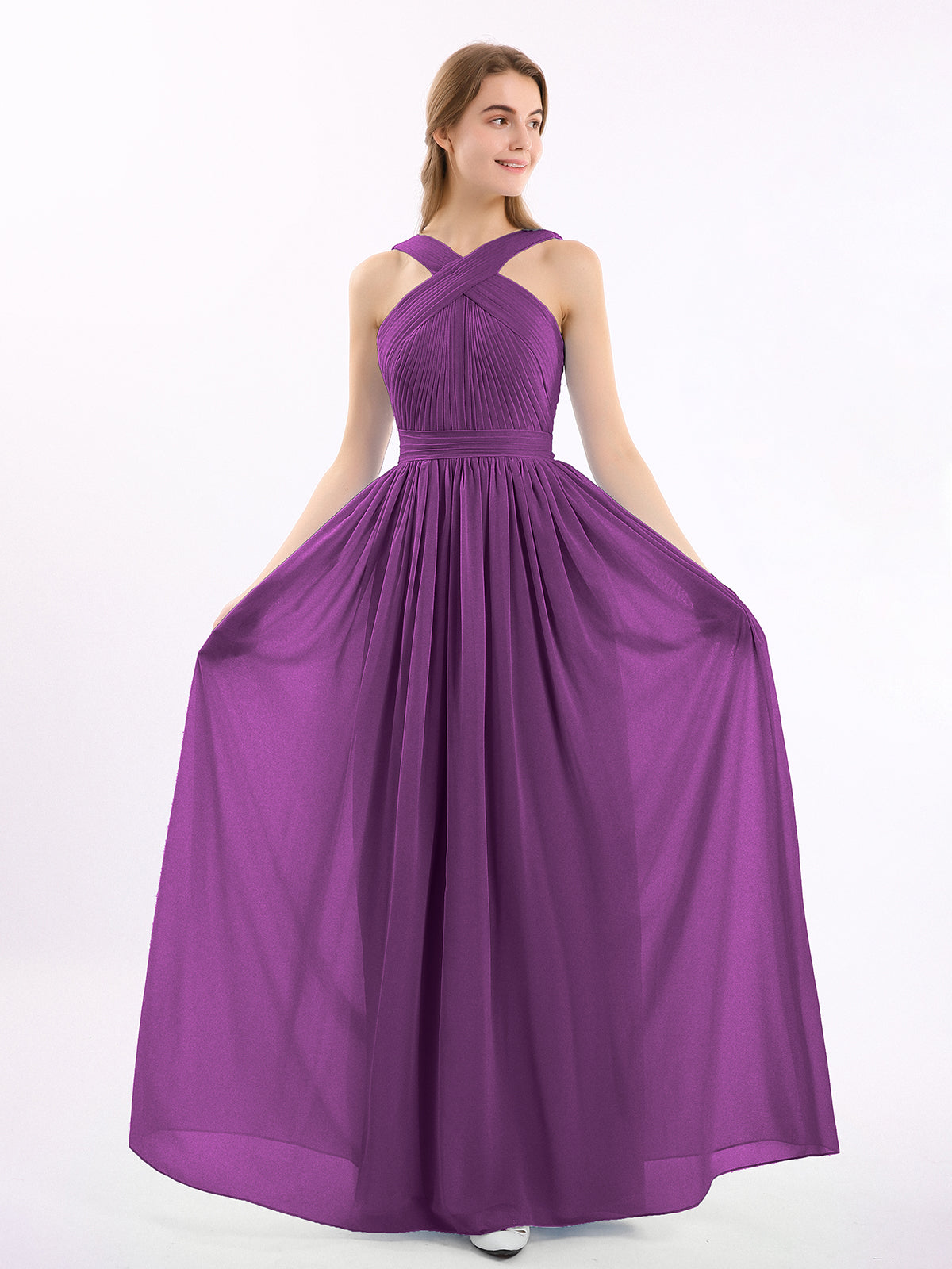 Long Chiffon CROSS FRONT Dress of Bridesmaids Grape Plus Size