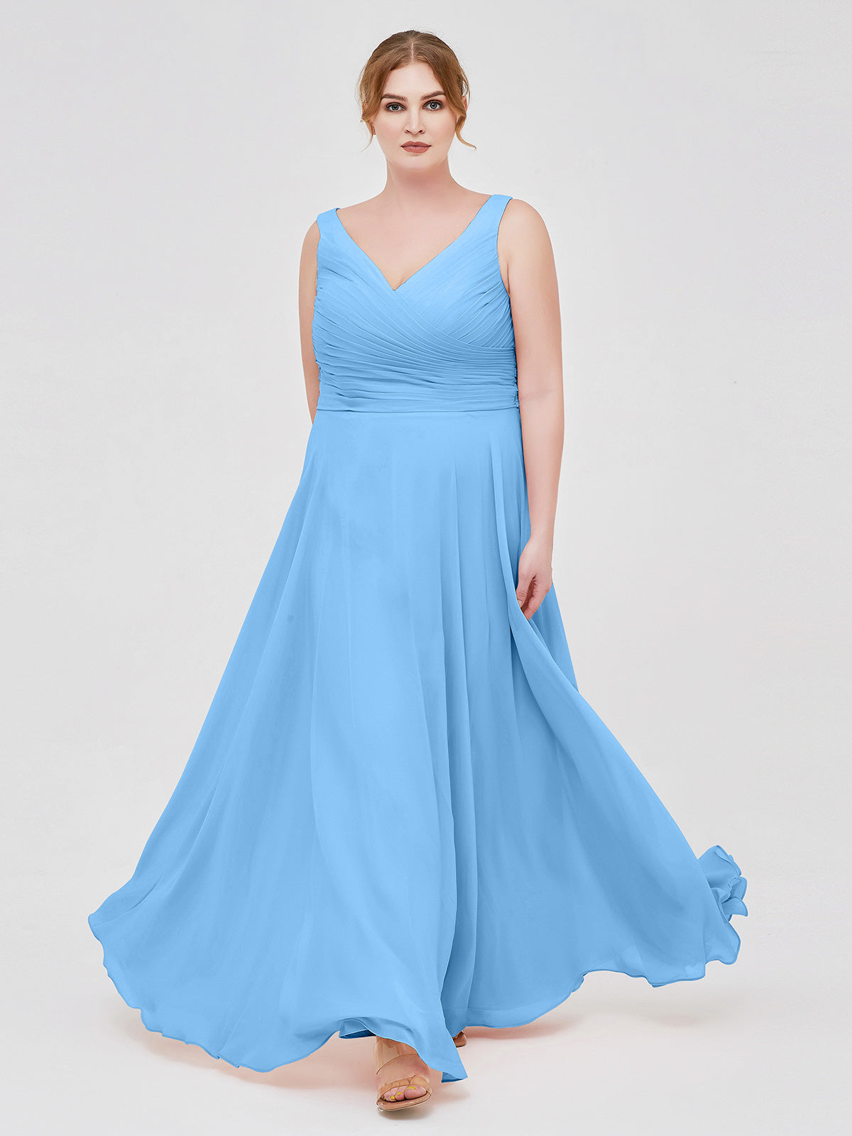 BABARONI Chiffon Blue Bridesmaid Dresses A-line V-neck Bow Floor-length –  BABARONI UK