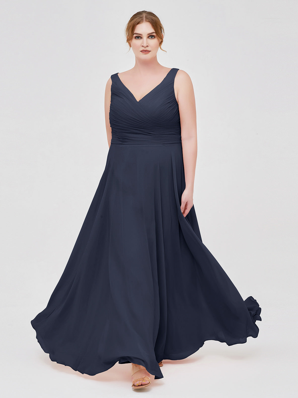 BABARONI Chiffon Dark Navy Bridesmaid Dresses A-line V-neck Bow Floor-length  – BABARONI UK