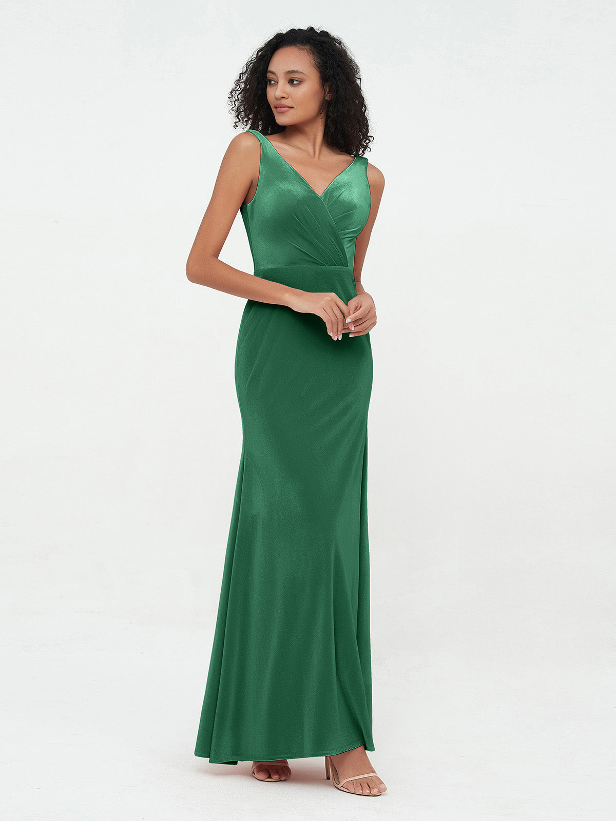 BABARONI Velvet Dark Green Bridesmaid Dresses Trumpet/Mermaid V-neck  Sleeveless Floor-length – BABARONI UK