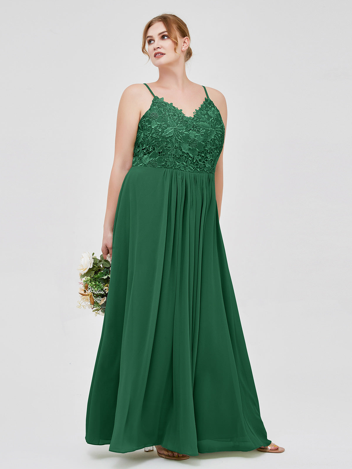 BABARONI Chiffon Lace Dark Green Bridesmaid Dresses A-line V-neck Spaghetti  Straps Floor-length – BABARONI UK