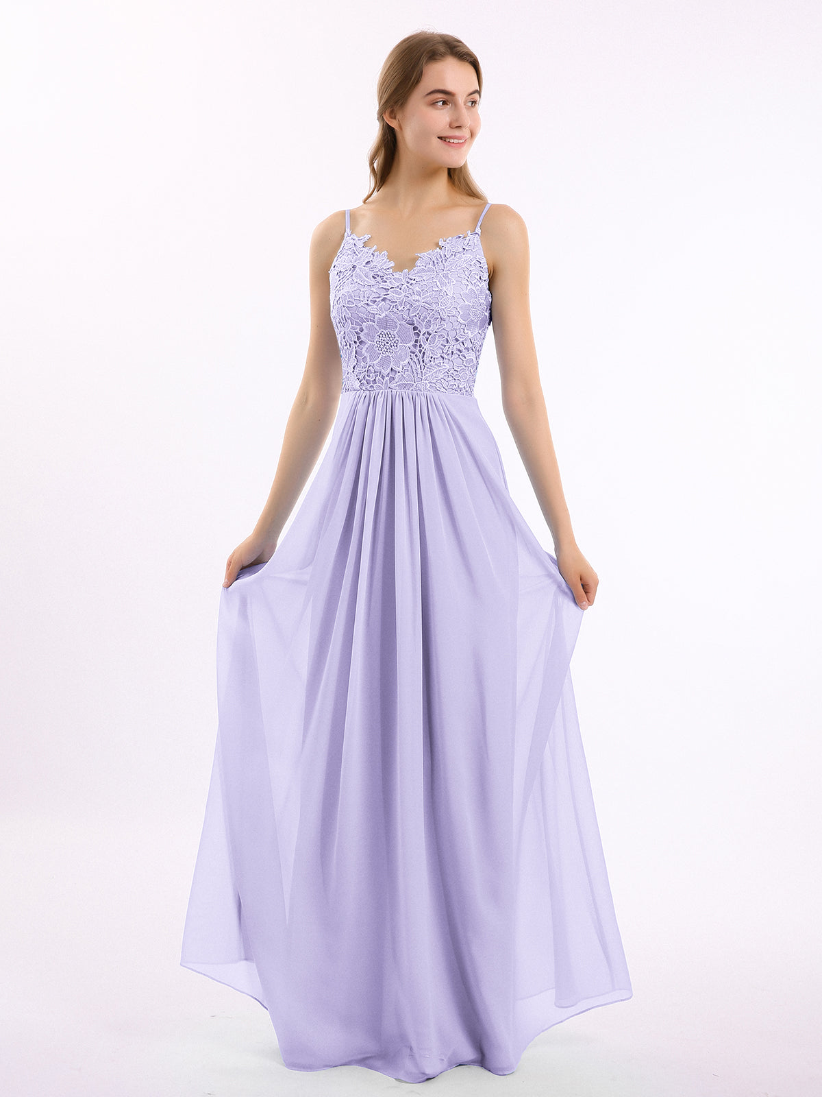 Spaghetti Straps Lace Appliqued Top Long Chiffon Dresses Grape