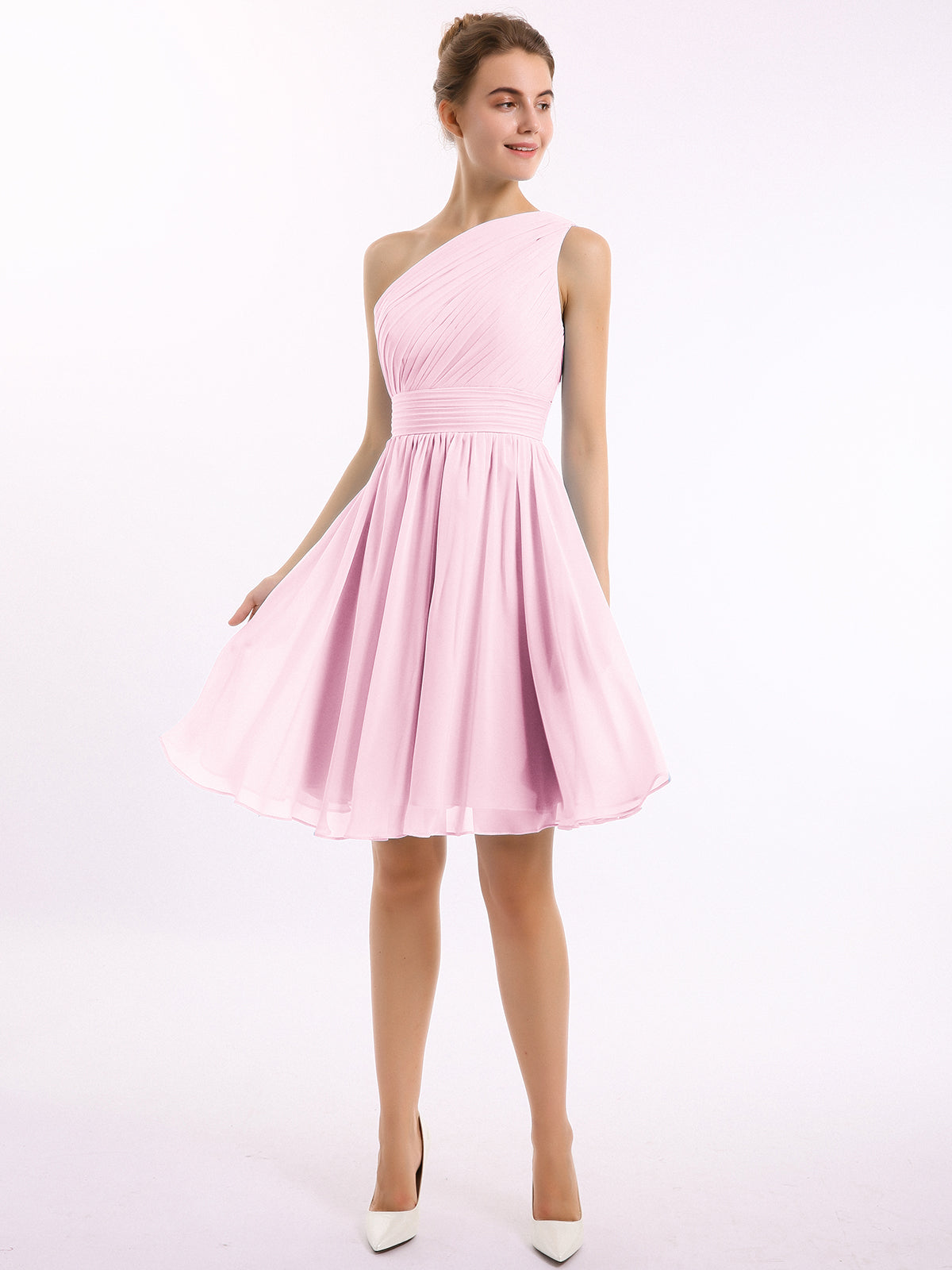 BABARONI Chiffon Candy Pink Bridesmaid Dresses A-line One Shoulder  Sleeveless Knee-length – BABARONI UK