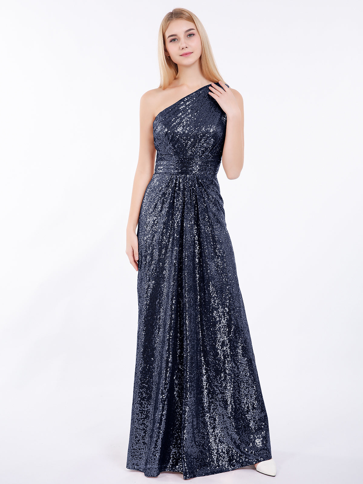 BABARONI Sequin Dark Navy Bridesmaid Dresses Sheath/Column One Shoulder  Sleeveless Floor-length – BABARONI UK