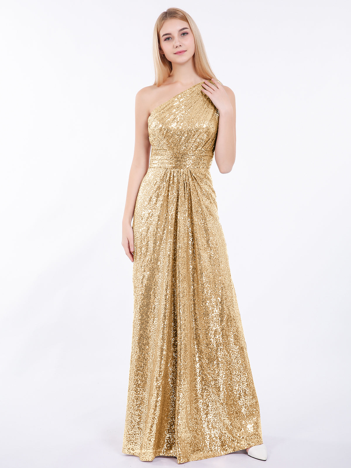 BABARONI Sequin Gold Bridesmaid Dresses Sheath/Column One Shoulder  Sleeveless Floor-length – BABARONI UK