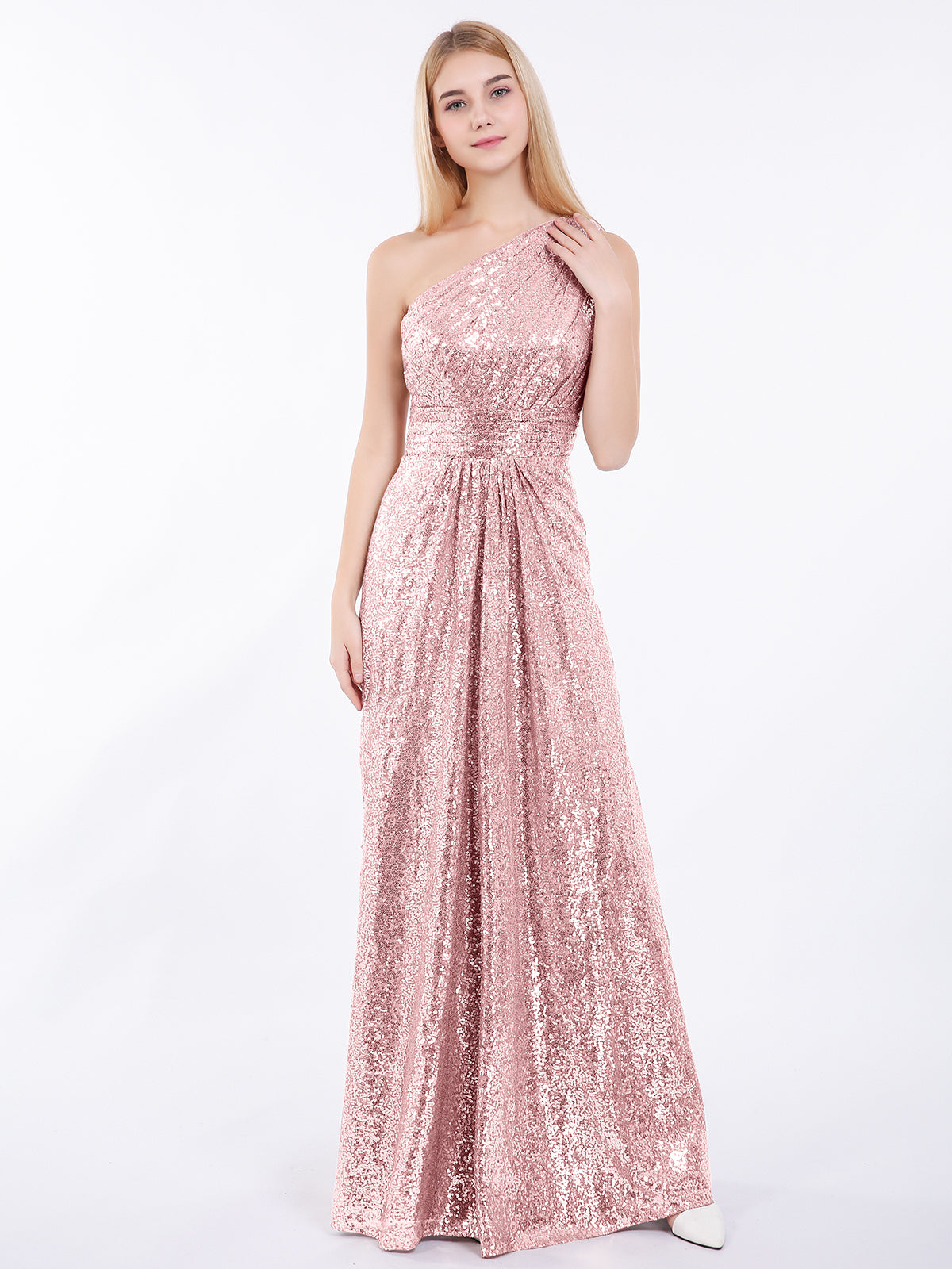 BABARONI Sequin Rose Gold Bridesmaid Dresses Sheath/Column One Shoulder Sleeveless Floor-length BABARONI UK BABARONI Sequin Rose Gold Bridesmaid Dresses Sheath/Column One Shoulder Sleeveless Floor-length BABARONI UK