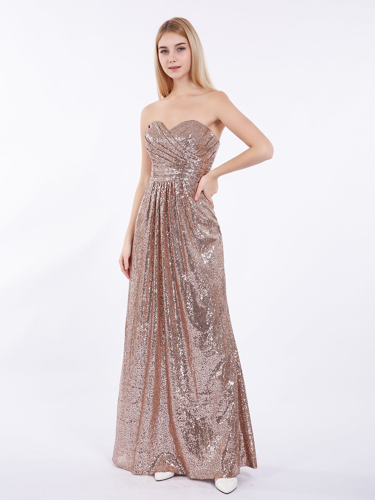 Long Sequins Dresses with Sweethart Neck Metallic Gold BABARONI