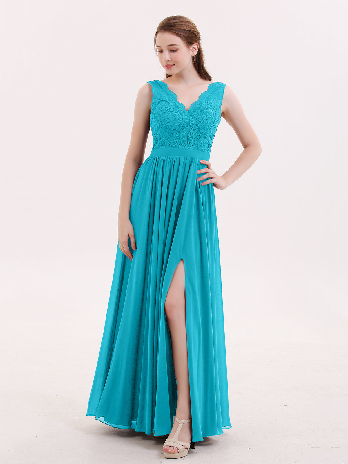 BABARONI Chiffon Jade Bridesmaid Dresses A-line V-neck Sleeveless  Floor-length  BABARONI UK