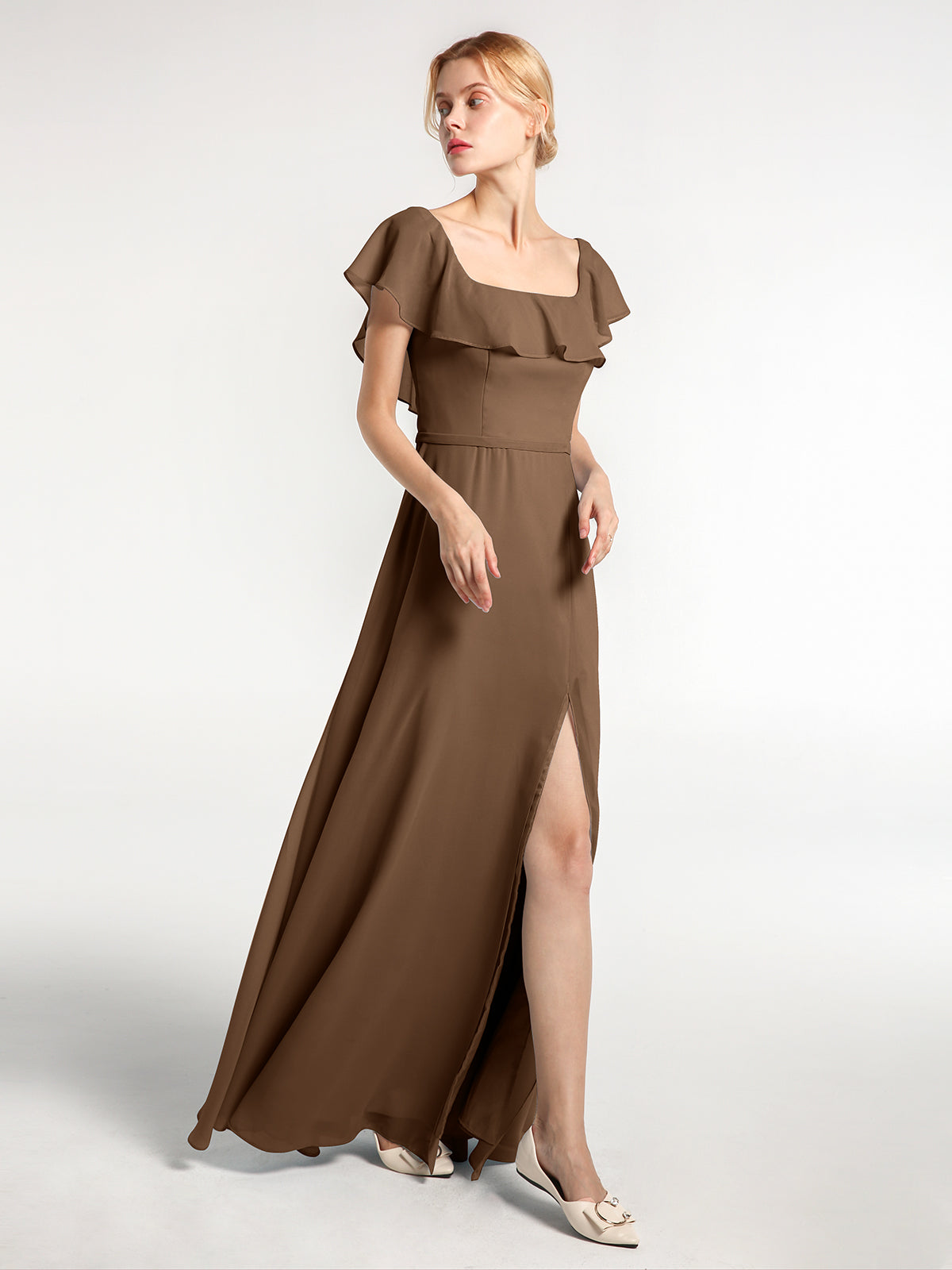 Cute Double Bows Straps Square Neck Chiffon Dresses with Slit Burgundy main image 0
