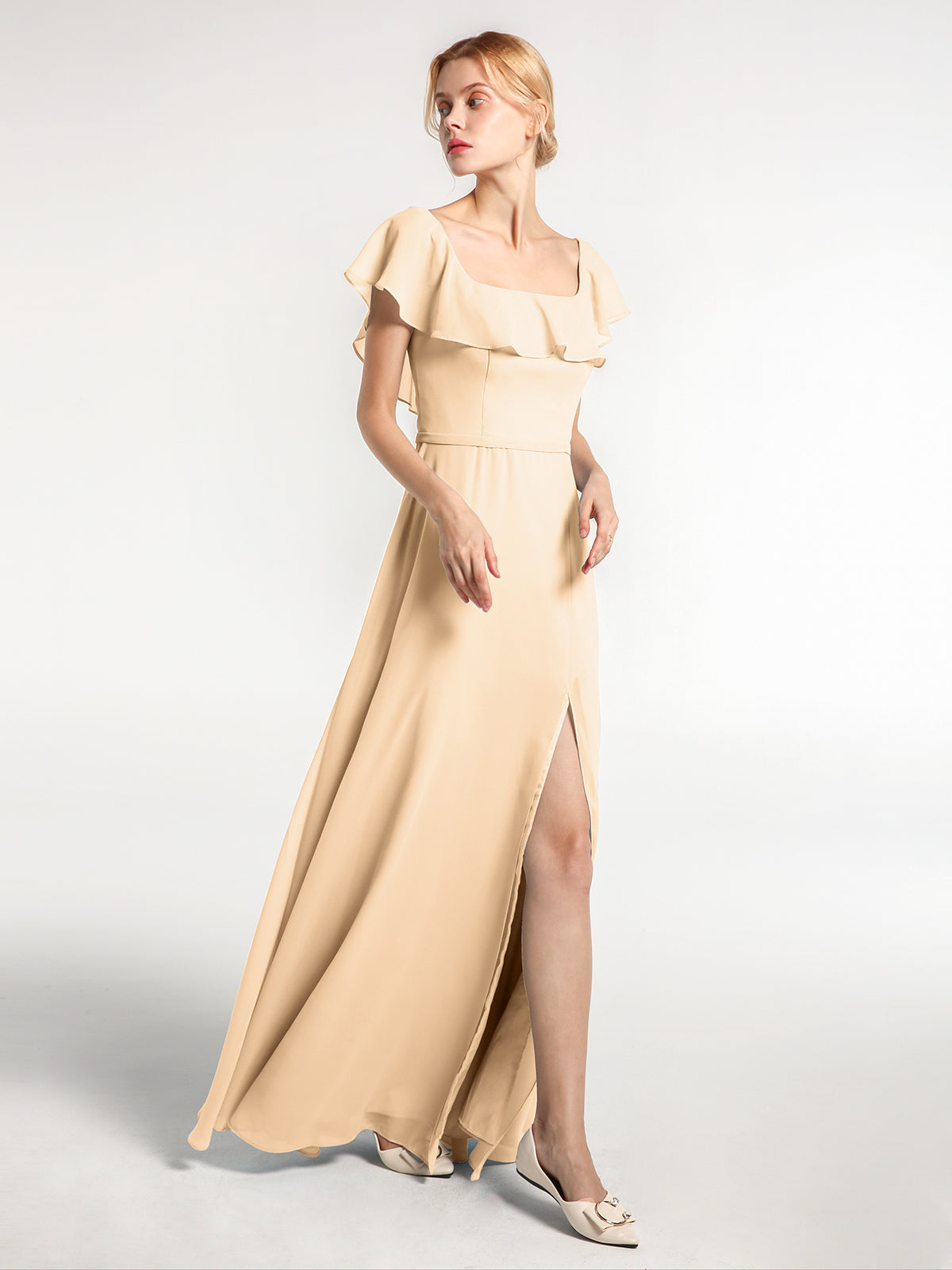 Square Neck Maxi Chiffon Dress with Front Slit Red