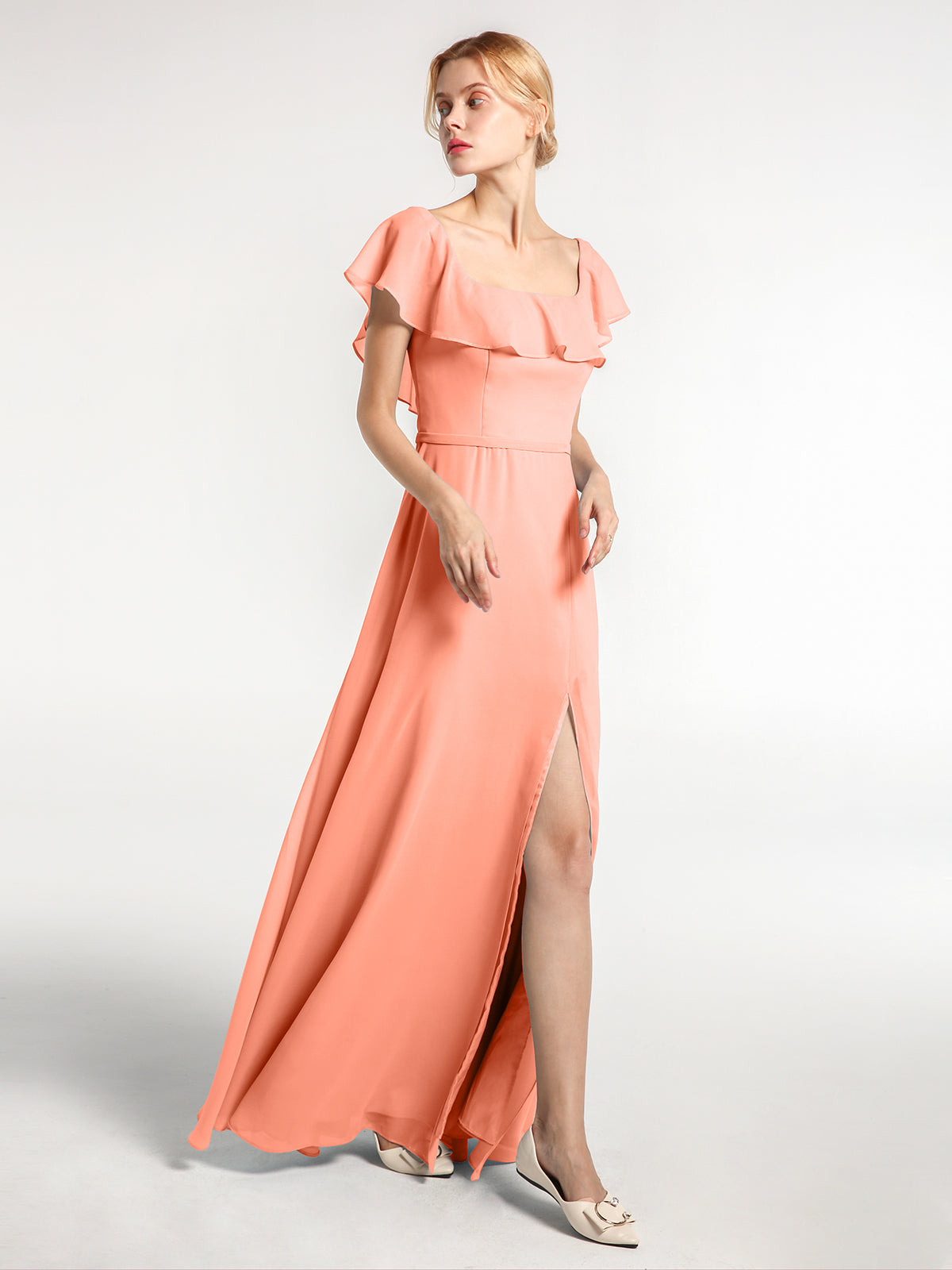 Square Neck Maxi Chiffon Dress with Front Slit Coral