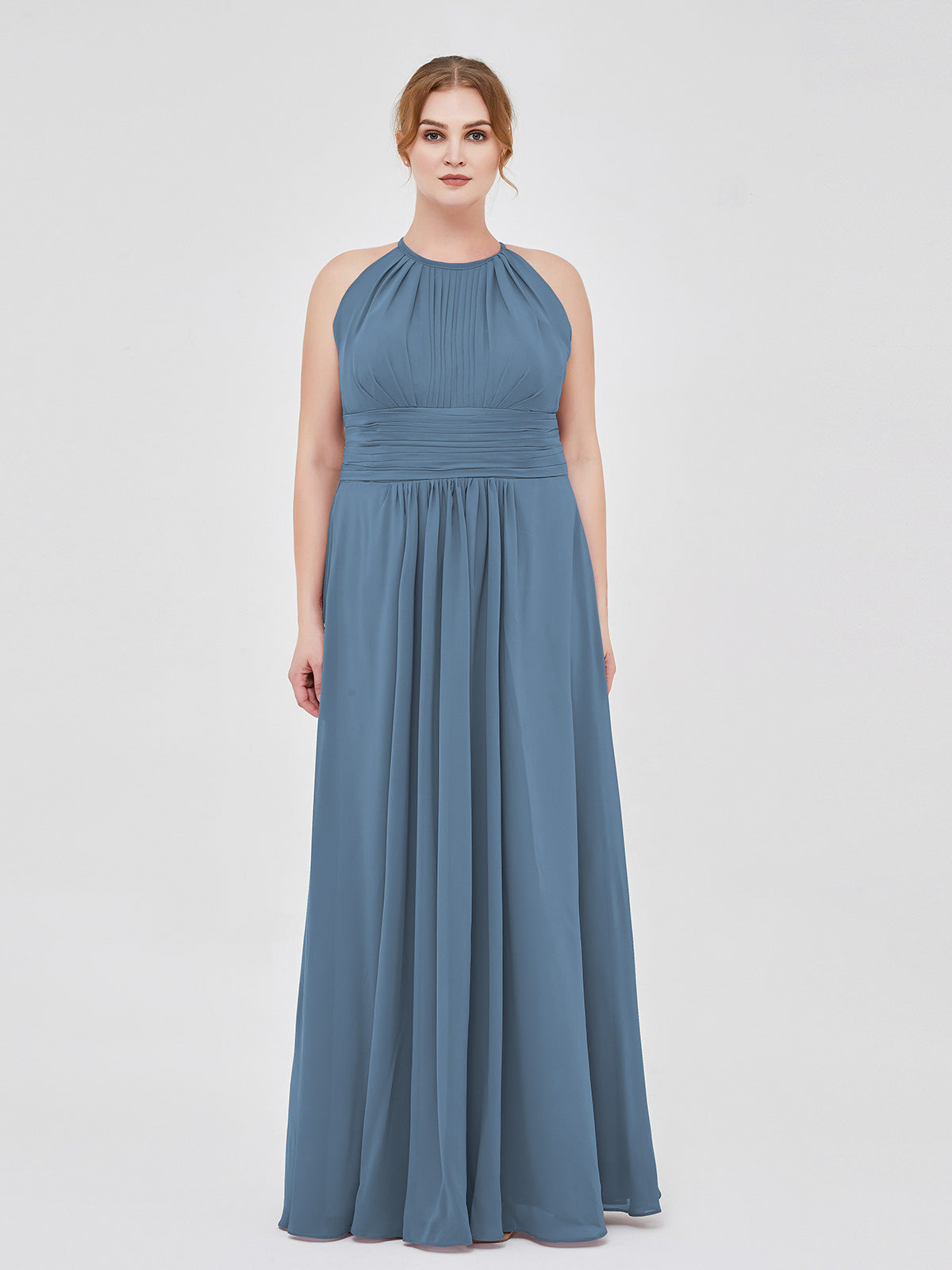 Chiffon Long Bridesmaid Gown with Halter Neck Blue Plus Size