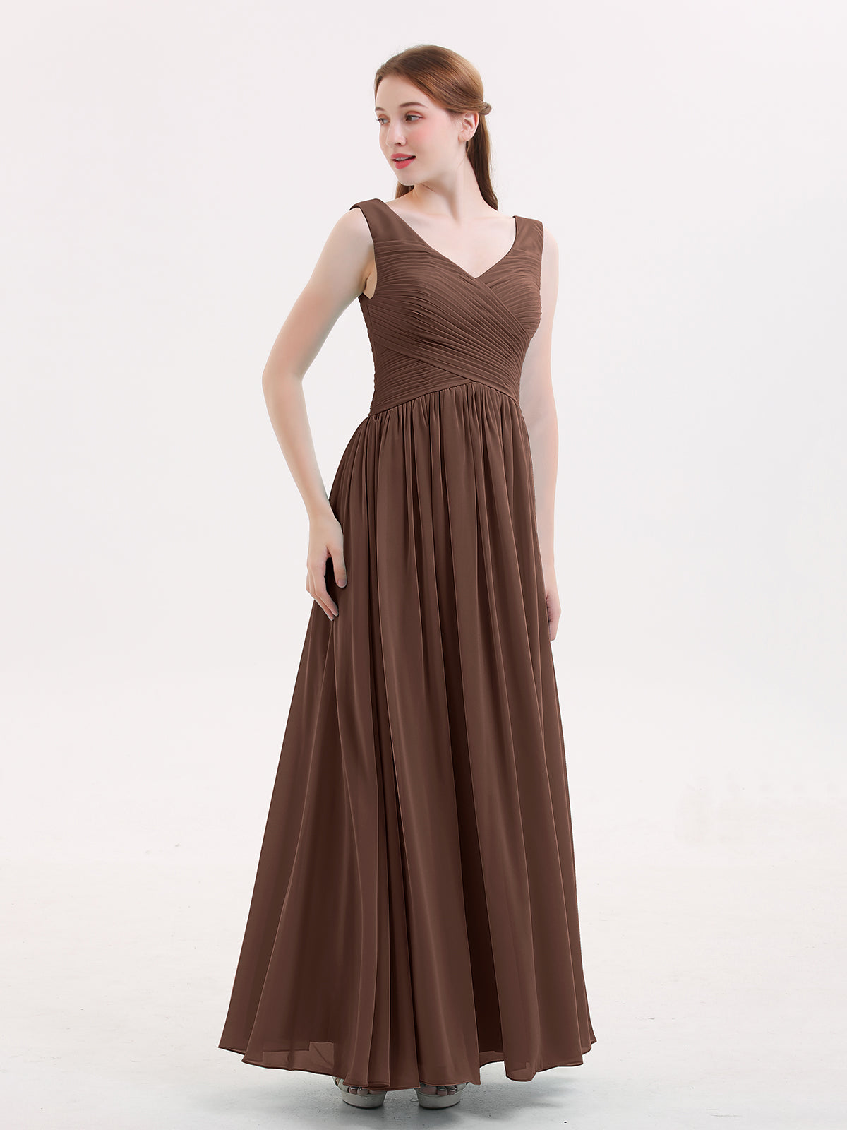 Maxi Chiffon Bridesmaid Dresses with V Neck Chocolate| BABARONI