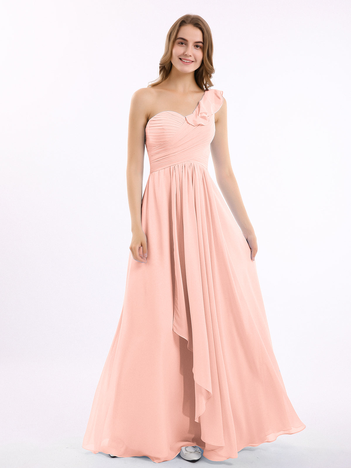 BABARONI Chiffon Coral Bridesmaid Dresses A-line One Shoulder Sleeveless  Floor-length – BABARONI UK