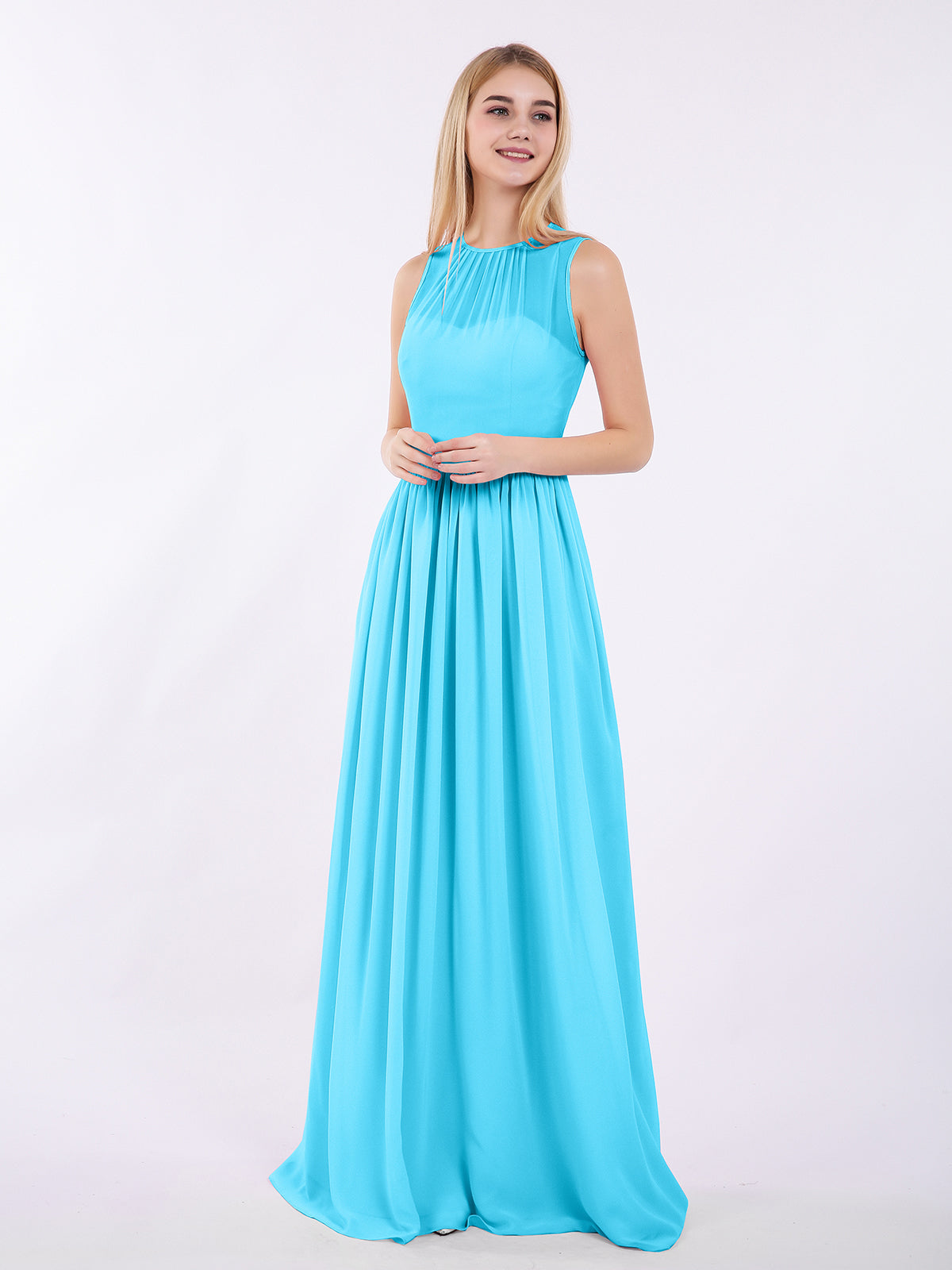 Illusion Neck Chiffon Dresses with Cap Sleeves Pool
