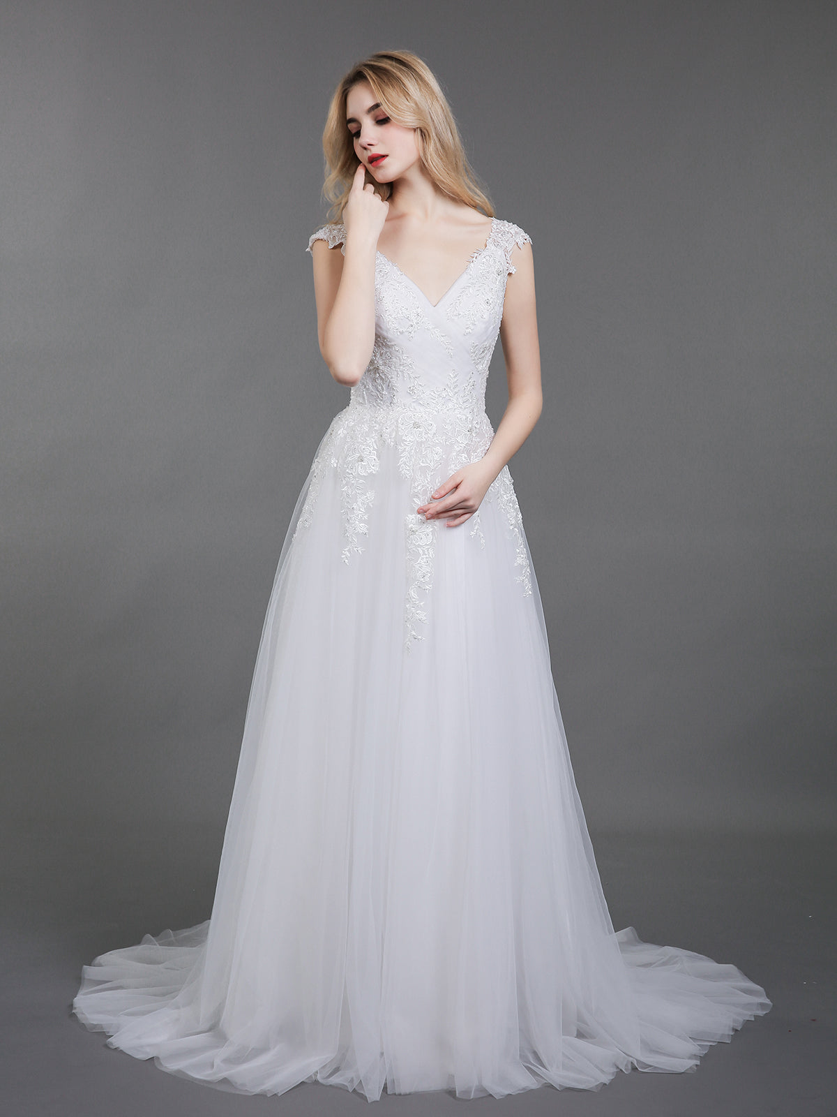 BABARONI Tulle White Wedding Dresses A-line V-neck Sweep/Brush Train Short  – BABARONI UK