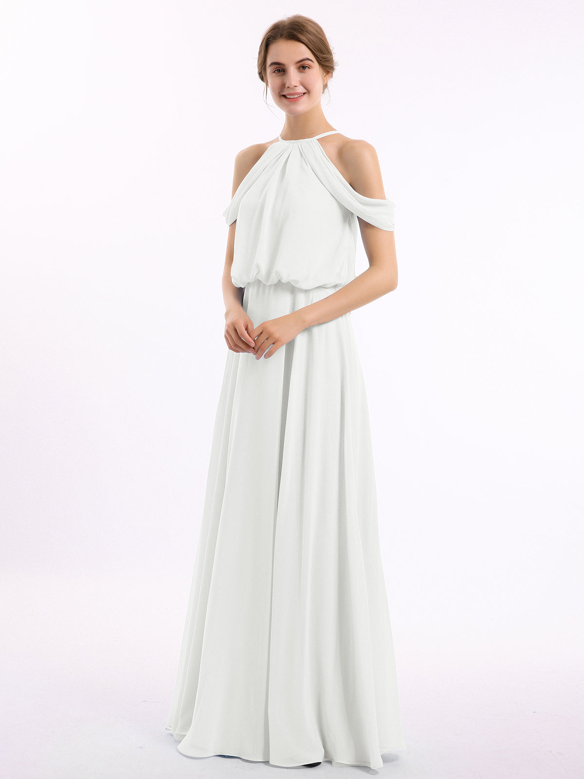 ready to ship bridesmaid dresses online BABARONI Chiffon Ivory Bridesmaid Dresses A-line Off-the-shoulder Short  Floor-length – BABARONI UK