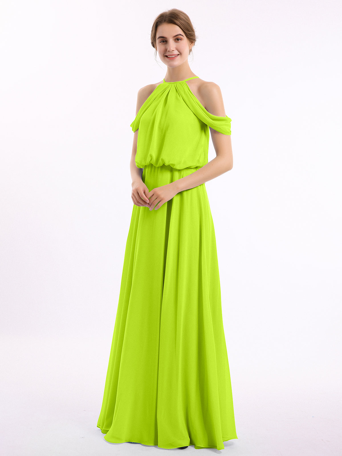 Off Shoulder Halter Chiffon Dress with Blouson Bodice Lime Green Plus Size