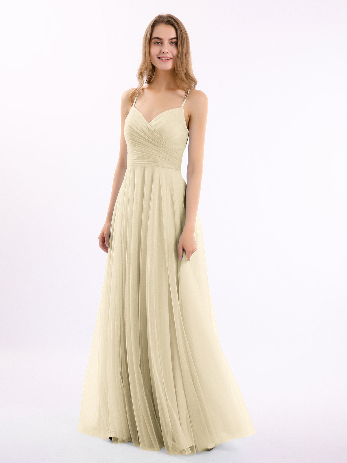 Champagne Tulle Spaghetti Strap Midi Dress – Ruched Waist Sweetheart Neckline Formal Dress