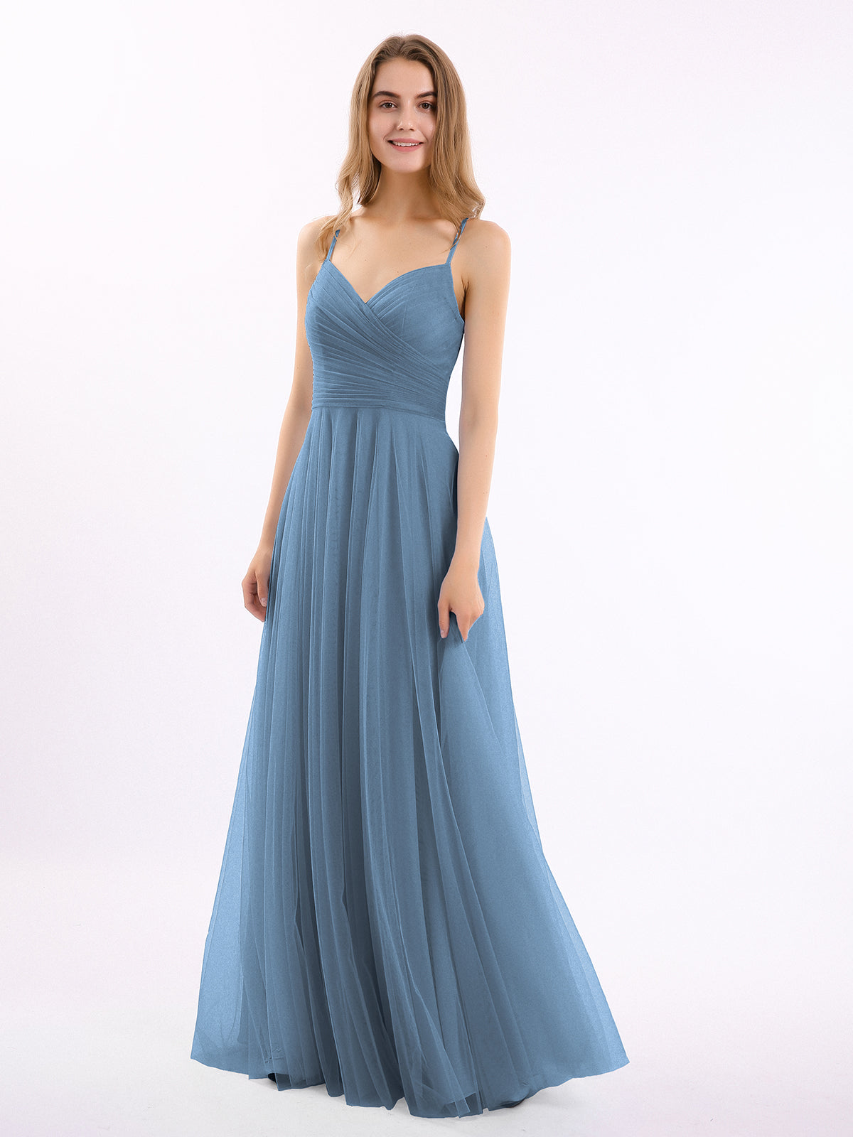 Square Spaghetti Straps Floor-length Dresses With Slit Slate Blue