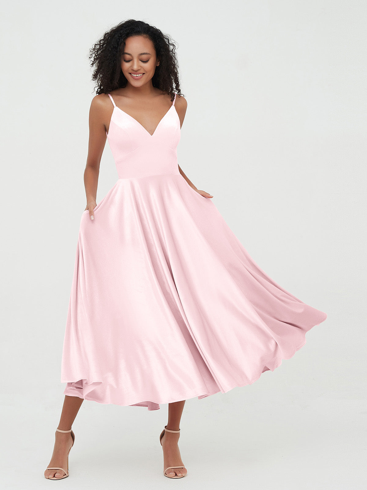 Spaghetti Strap Midi Velvet Dresses with Pockets Blushing Pink Plus Size BABARONI BABARONI UK