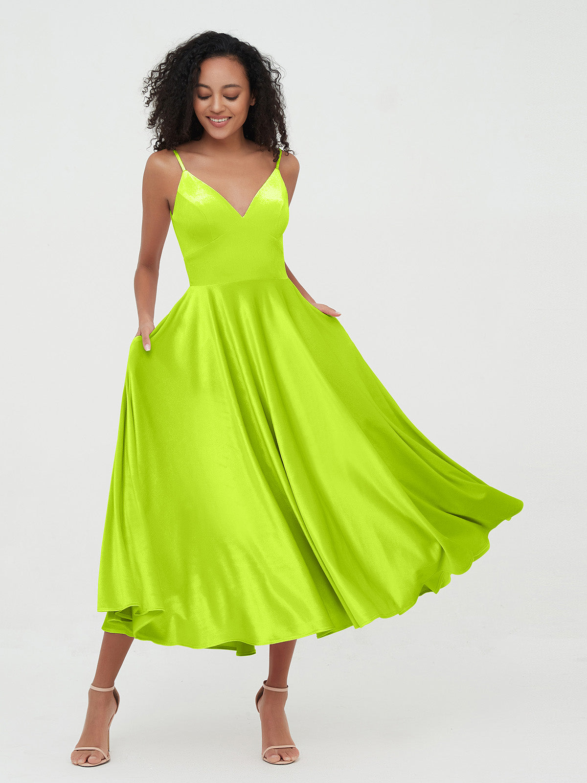 BABARONI Velvet Lime Green Bridesmaid Dresses A-line V-neck Spaghetti  Straps Tea-length – BABARONI UK