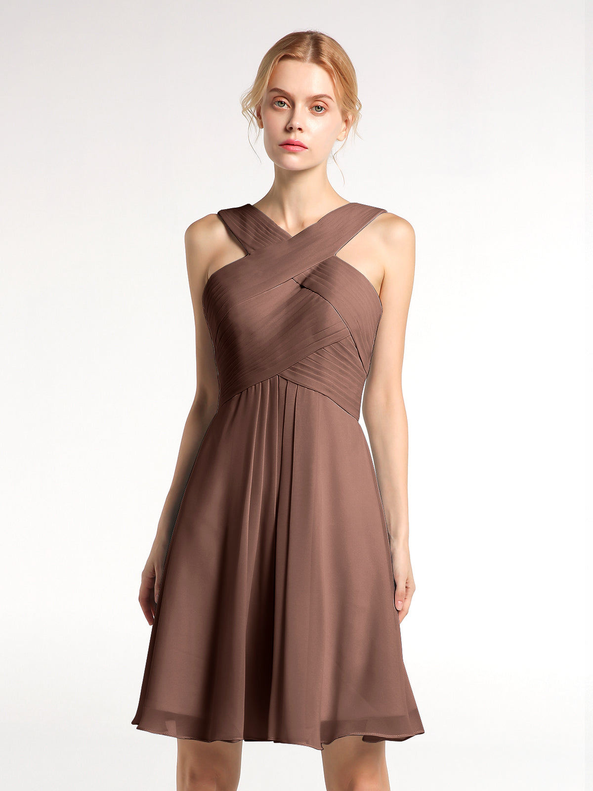 Strapless Long Chiffon Gown with Pleated Bodice Chocolate