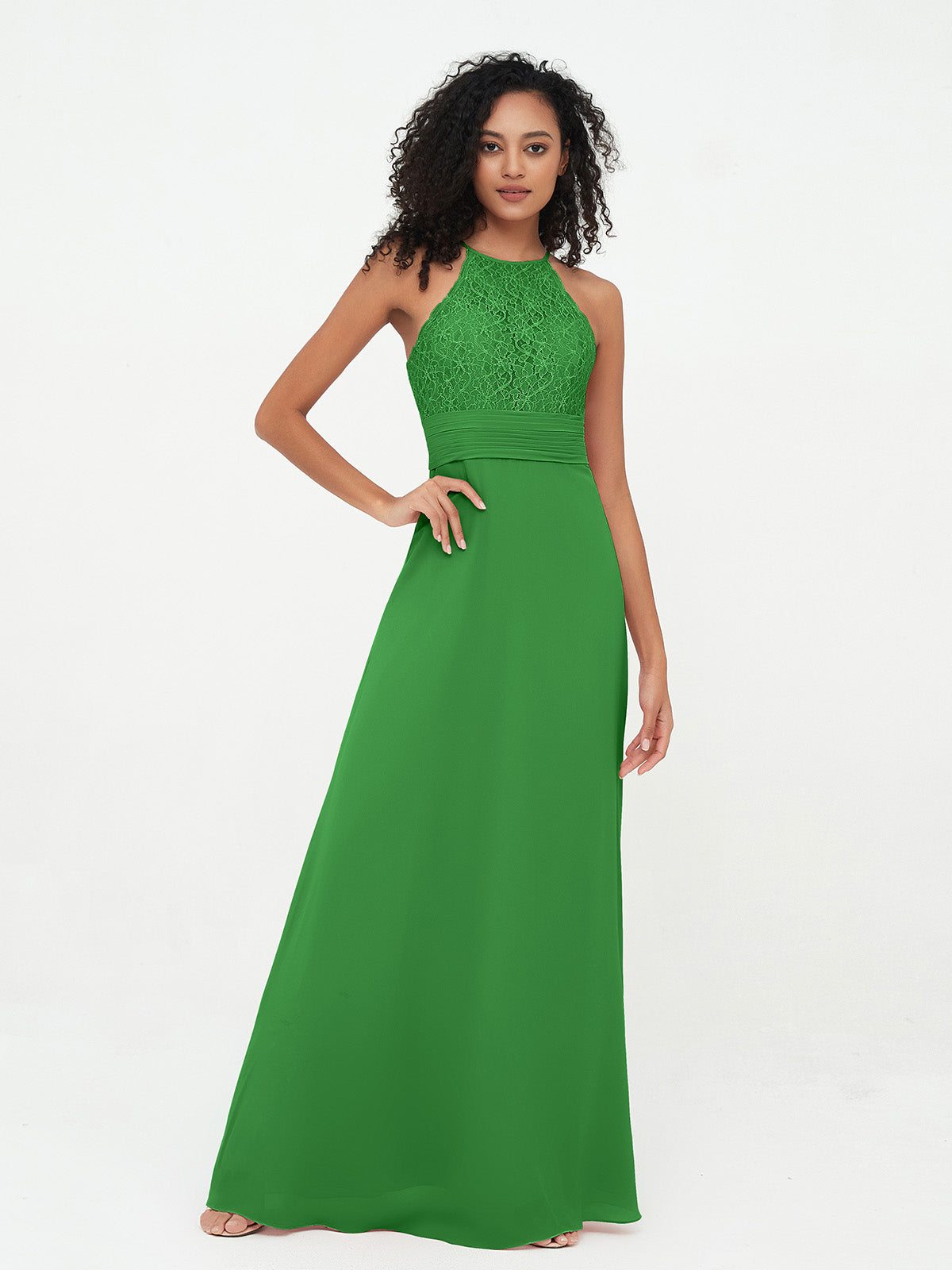 Illusion Neck Lace Top Long Chiffon Dresses Green | BABARONI