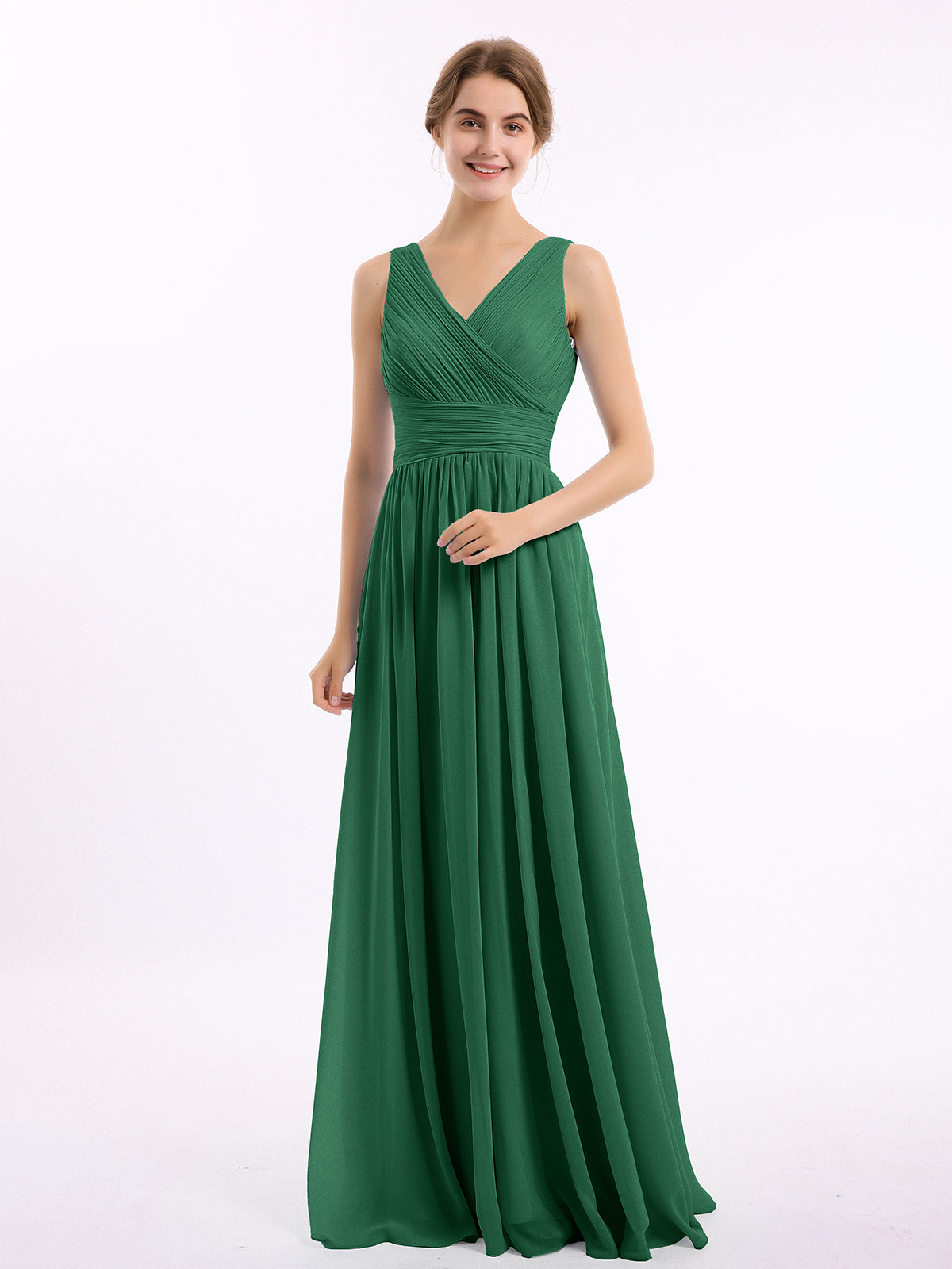 Long Chiffon Dress with V Neck & Pleated Upper Bodice Dark Green - Dark  Green / UK4