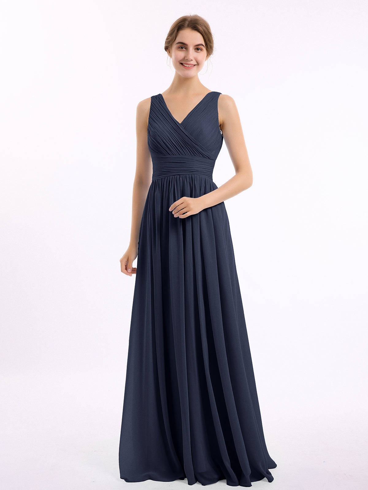 V-neck Chiffon Dresses with Satin Sash Bow Dark Navy main image 1