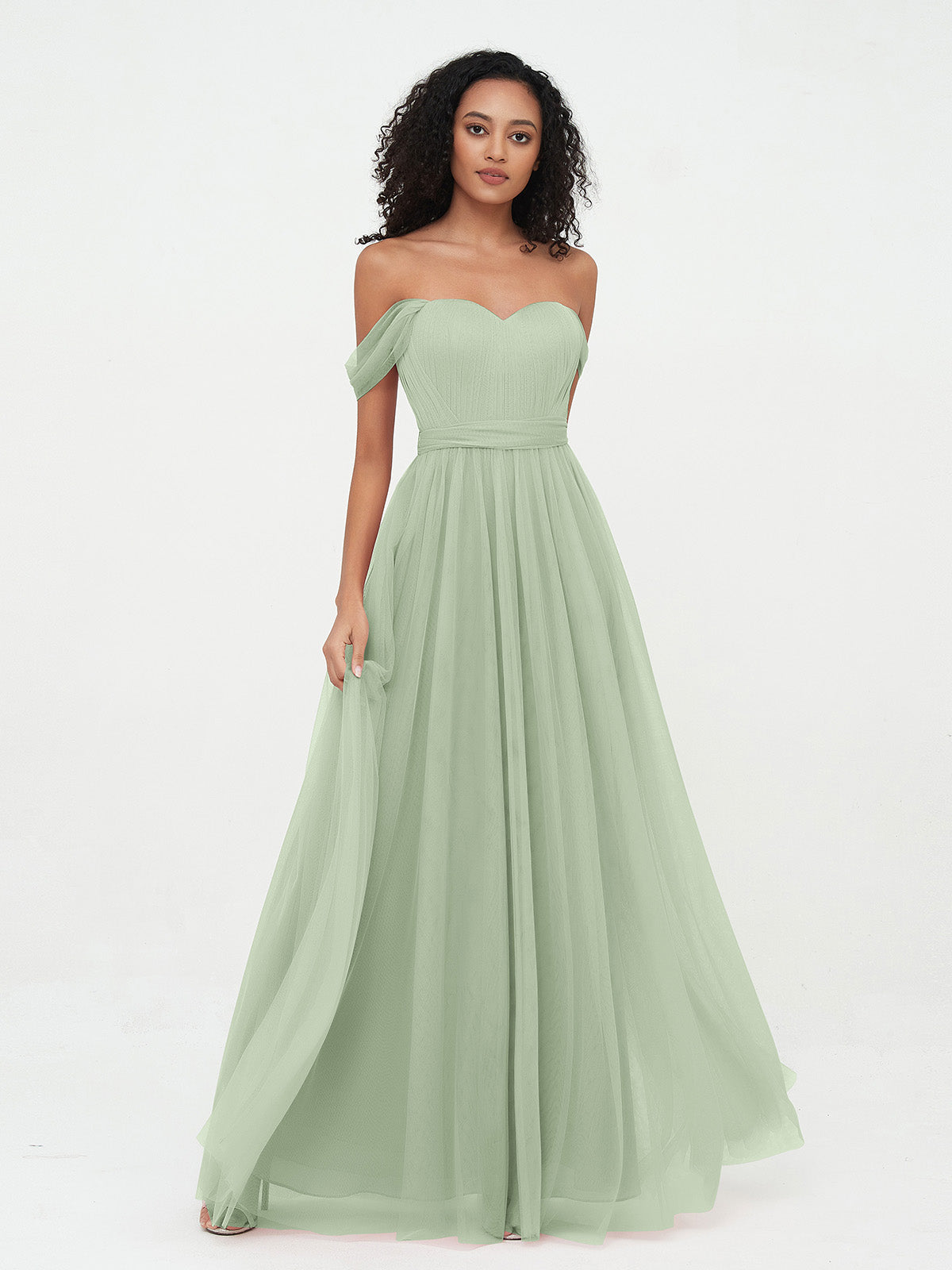 BABARONI Tulle Dusty Sage Bridesmaid Dresses A-line Off-the-shoulder Pleated Floor-length BABARONI UK BABARONI Tulle Dusty Sage Bridesmaid Dresses A-line Off-the-shoulder Pleated Floor-length BABARONI UK