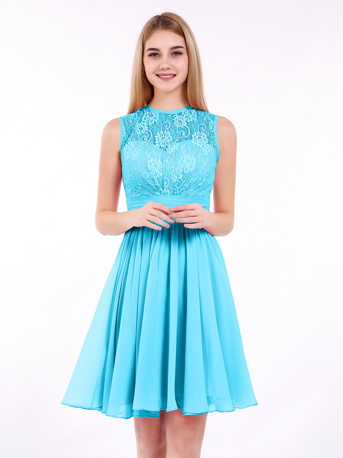 Illusion Neckline Chiffon Knee-Length Lace Dress Papaya main image 1