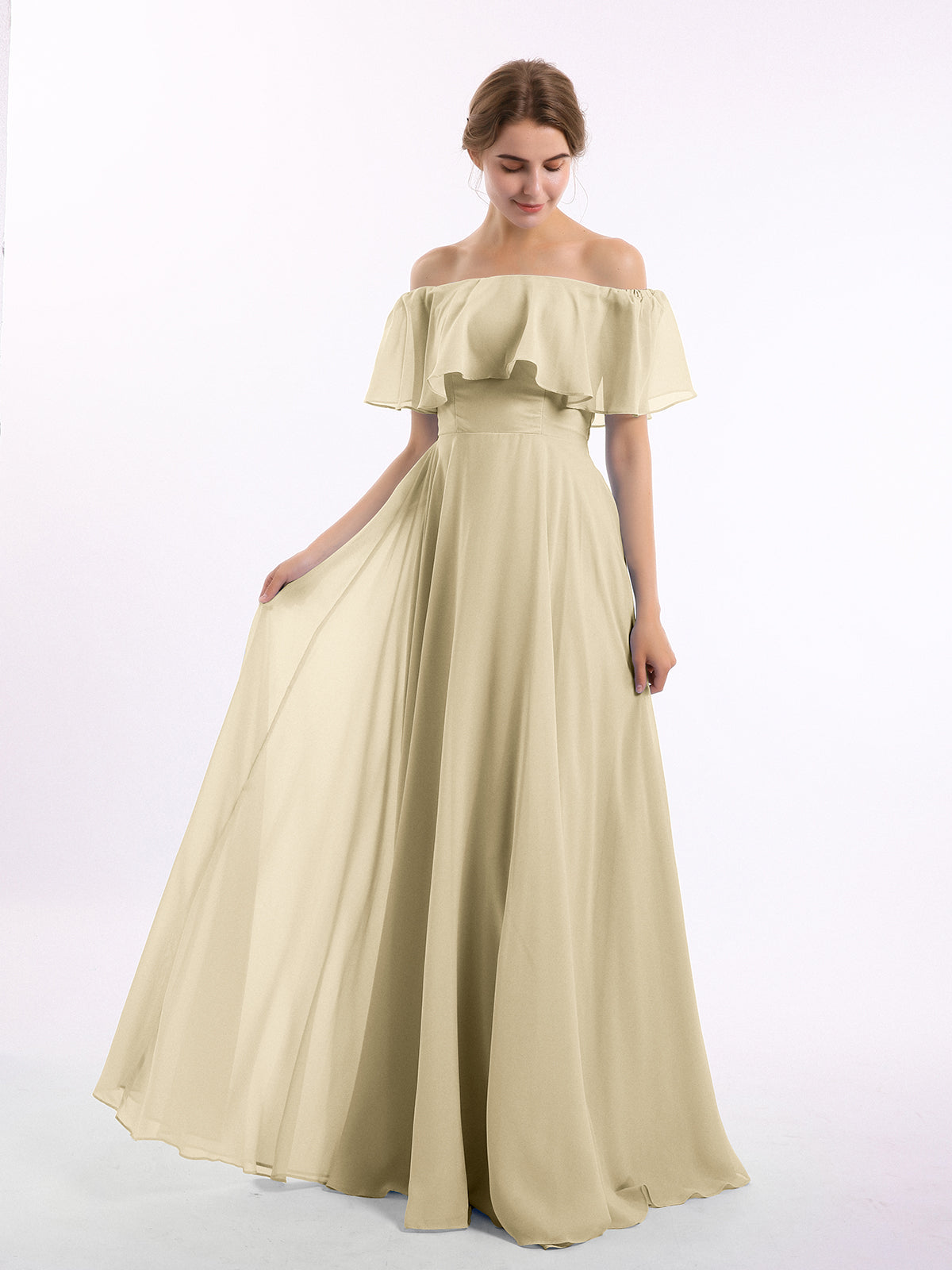 Full-length Spaghetti Strap Off Shoulder Chiffon Gown Cabernet