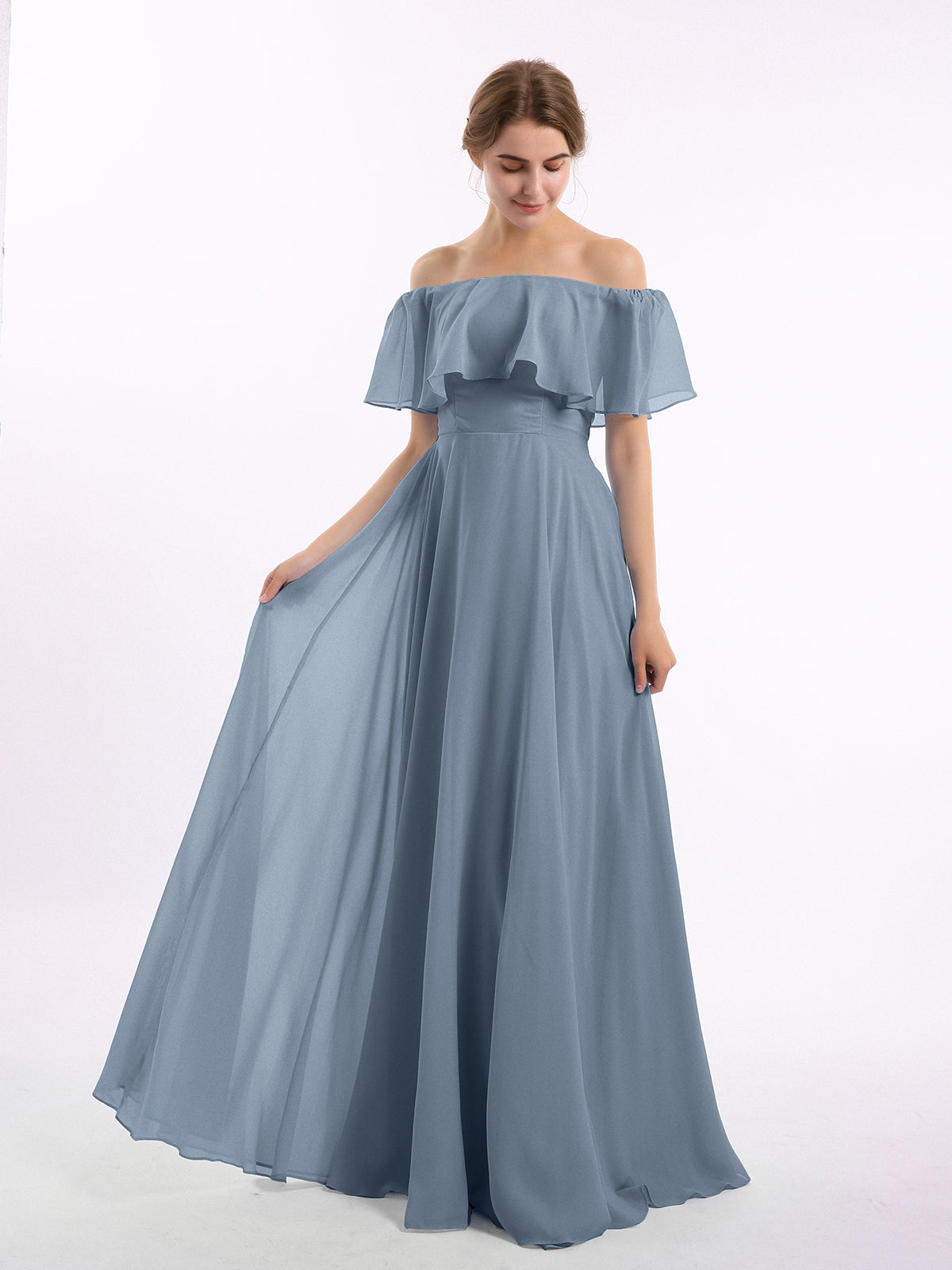 BABARONI Chiffon Dusty Blue Bridesmaid Dresses A-line Off-the-shoulder