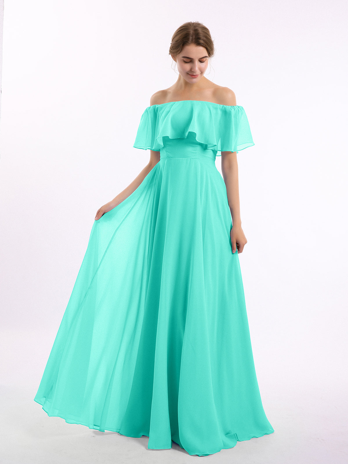 Floor-length Off Shoulder Chiffon Gown Blue
