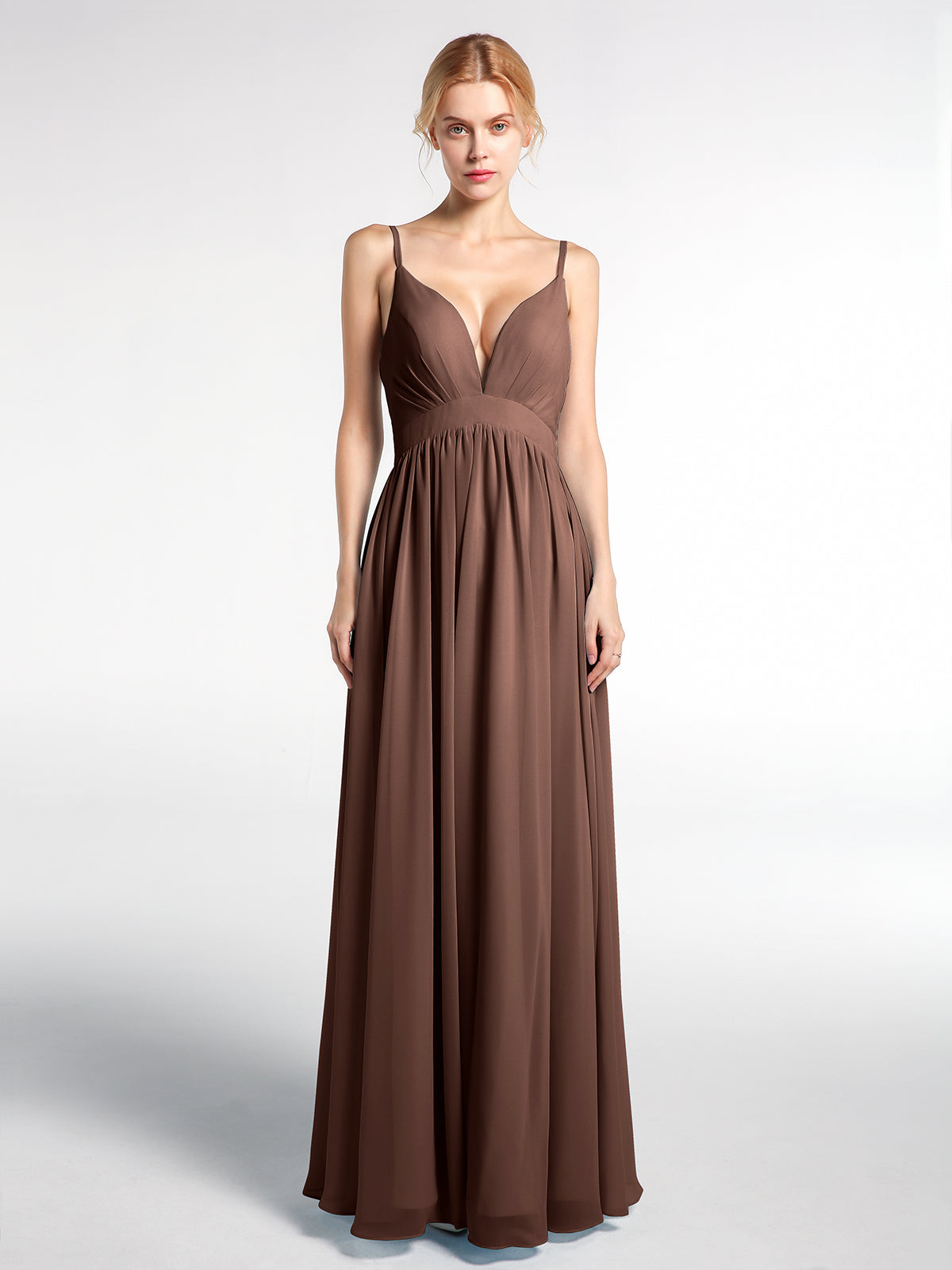 A-line Chiffon Open Back Dress With V-Neck Chocolate