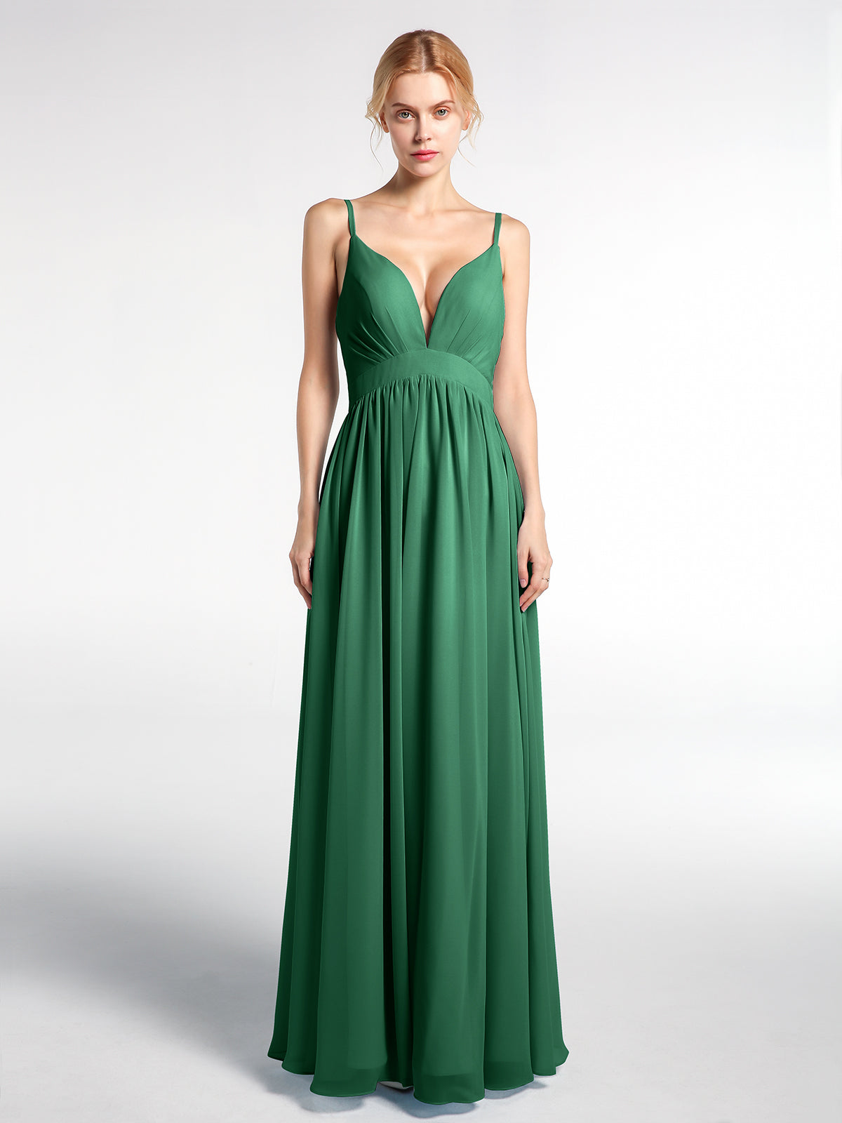 Full Deep V-neck Empire Waist Chiffon Dress Olive Green
