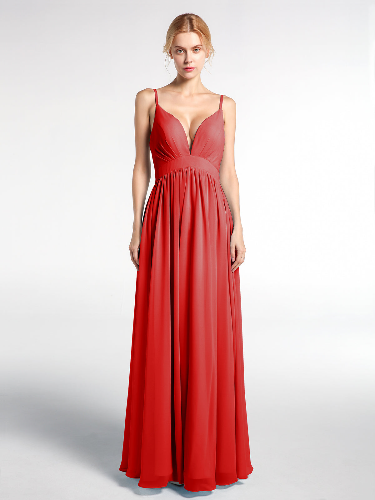 Full Deep V-neck Empire Waist Chiffon Dress Coral