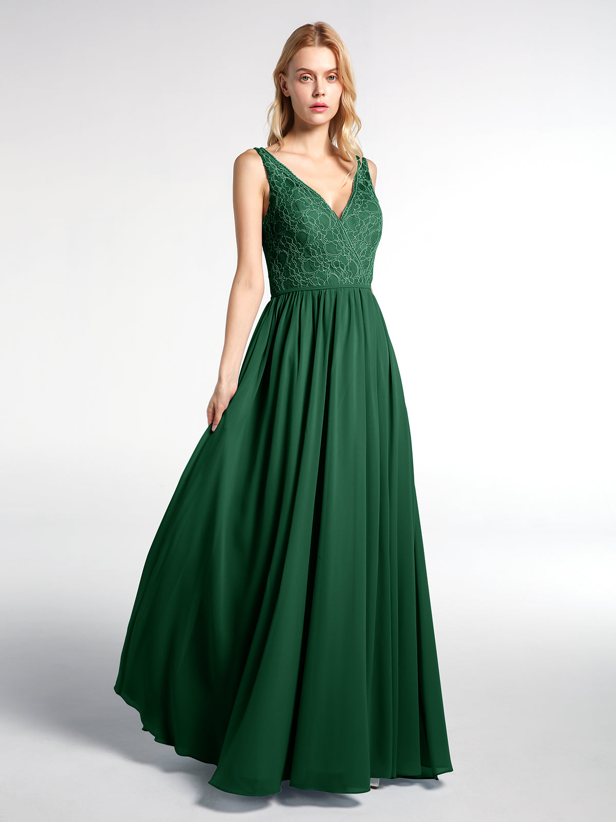 BABARONI Chiffon Dark Green Bridesmaid Dresses A-line V-neck Sleeveless  Floor-length  BABARONI UK