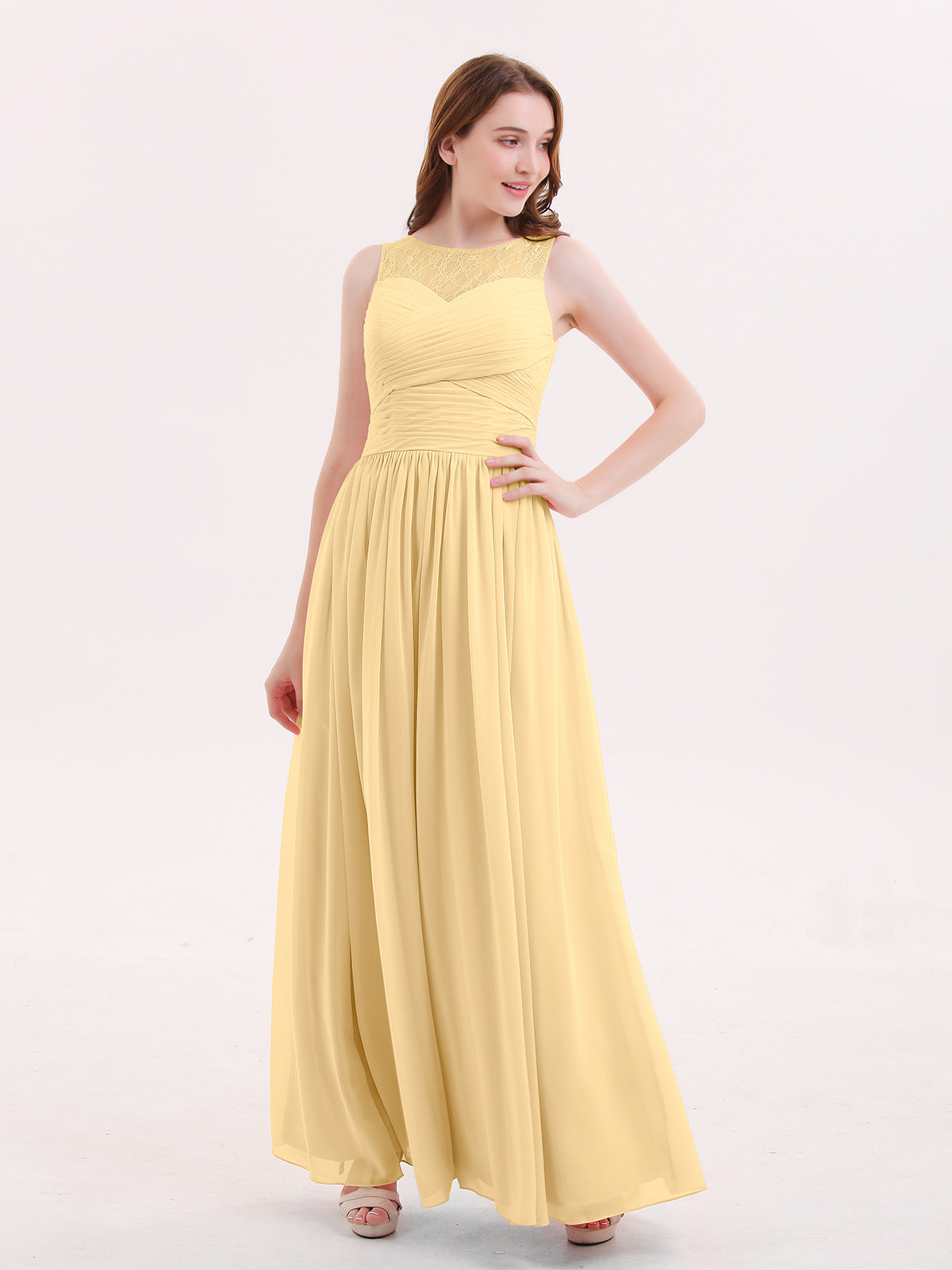 BABARONI Chiffon Gold Bridesmaid Dresses A-line Illusion Sleeveless Floor-length BABARONI UK BABARONI Chiffon Gold Bridesmaid Dresses A-line Illusion Sleeveless Floor-length BABARONI UK