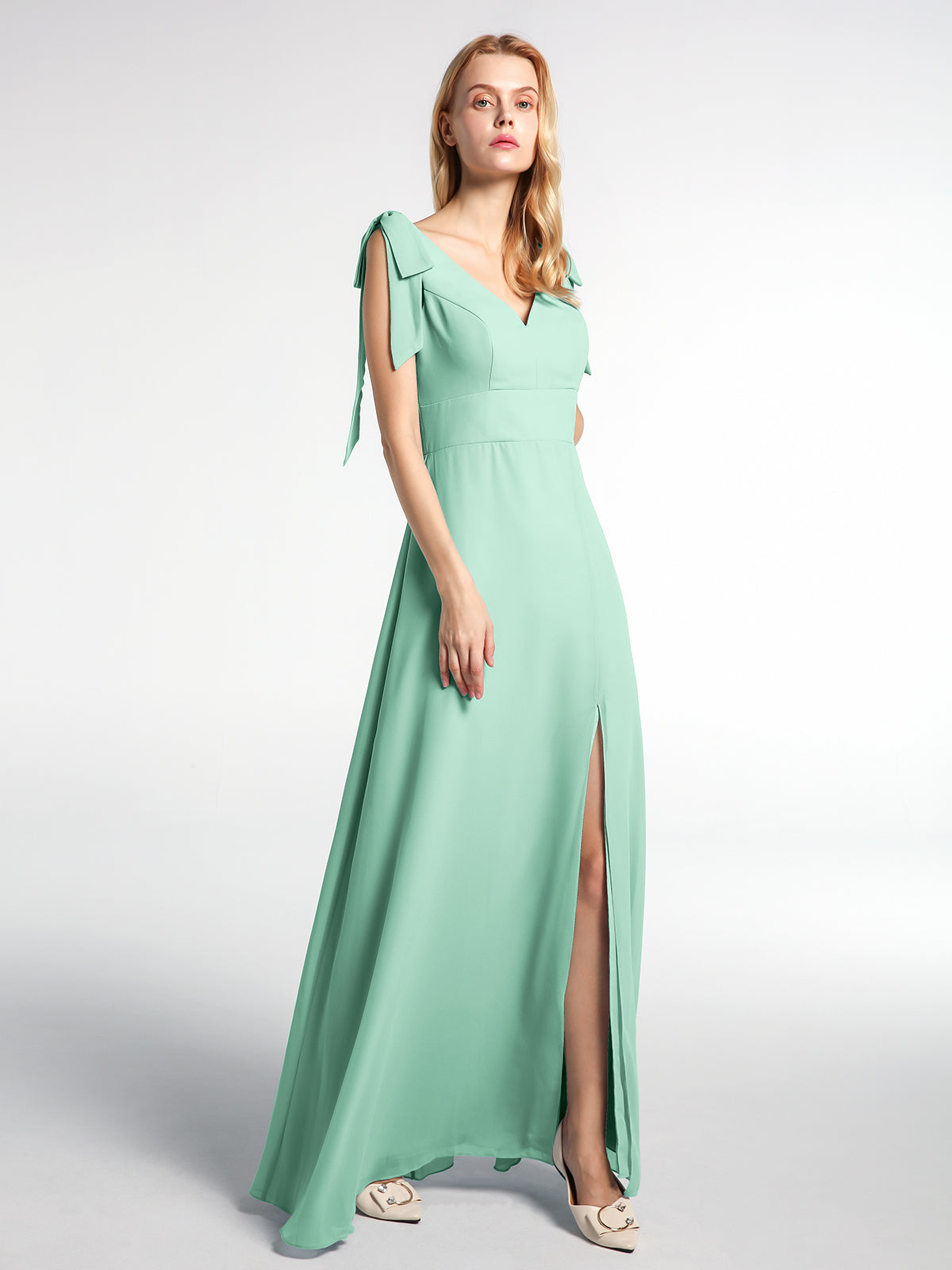 mint green maxi dress uk BABARONI Chiffon Mint Green Bridesmaid Dresses A-line V-neck Bow  Floor-length – BABARONI UK