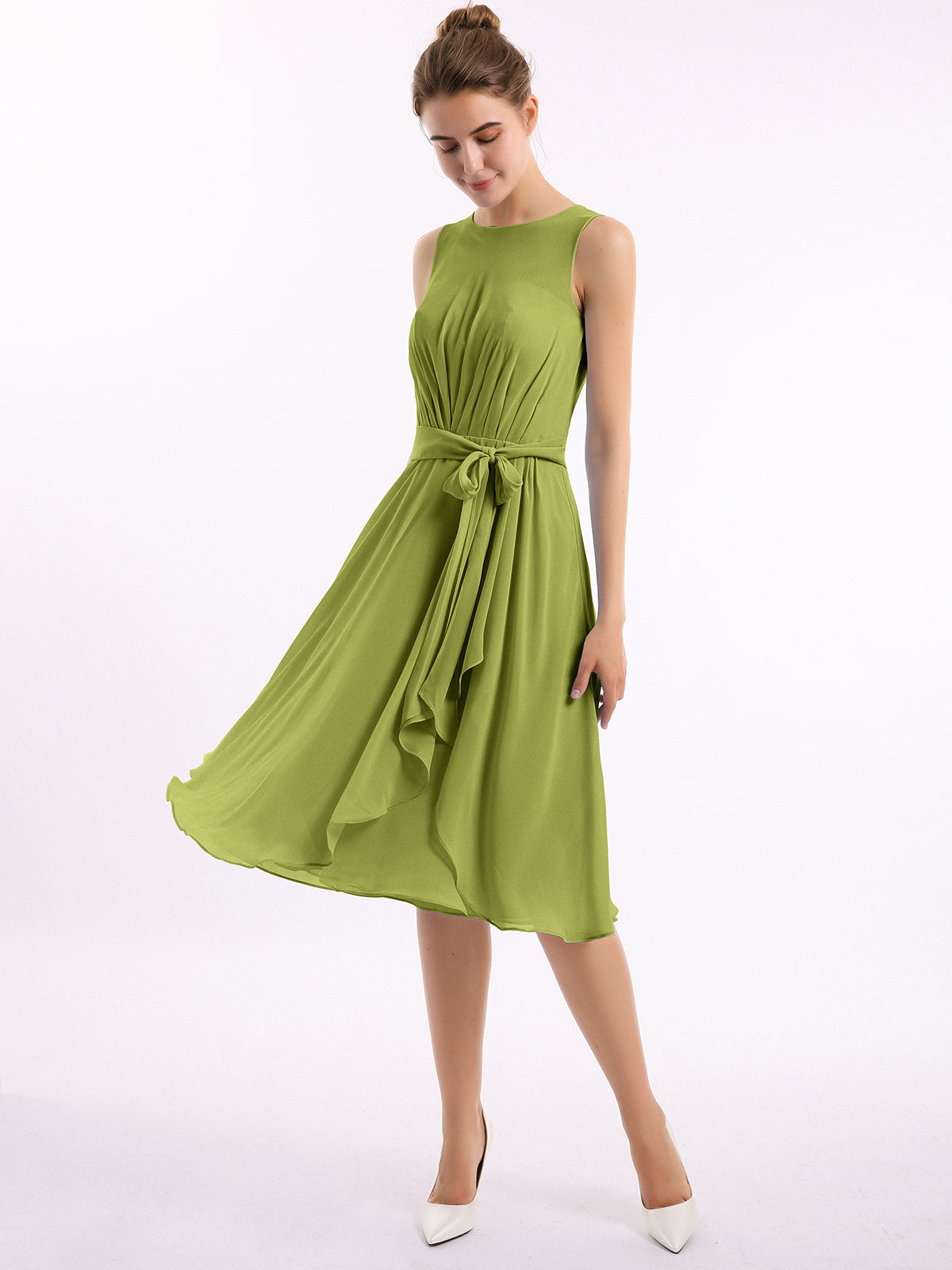 Scoop Neck Chiffon Girl's Knee-Length Dress Green