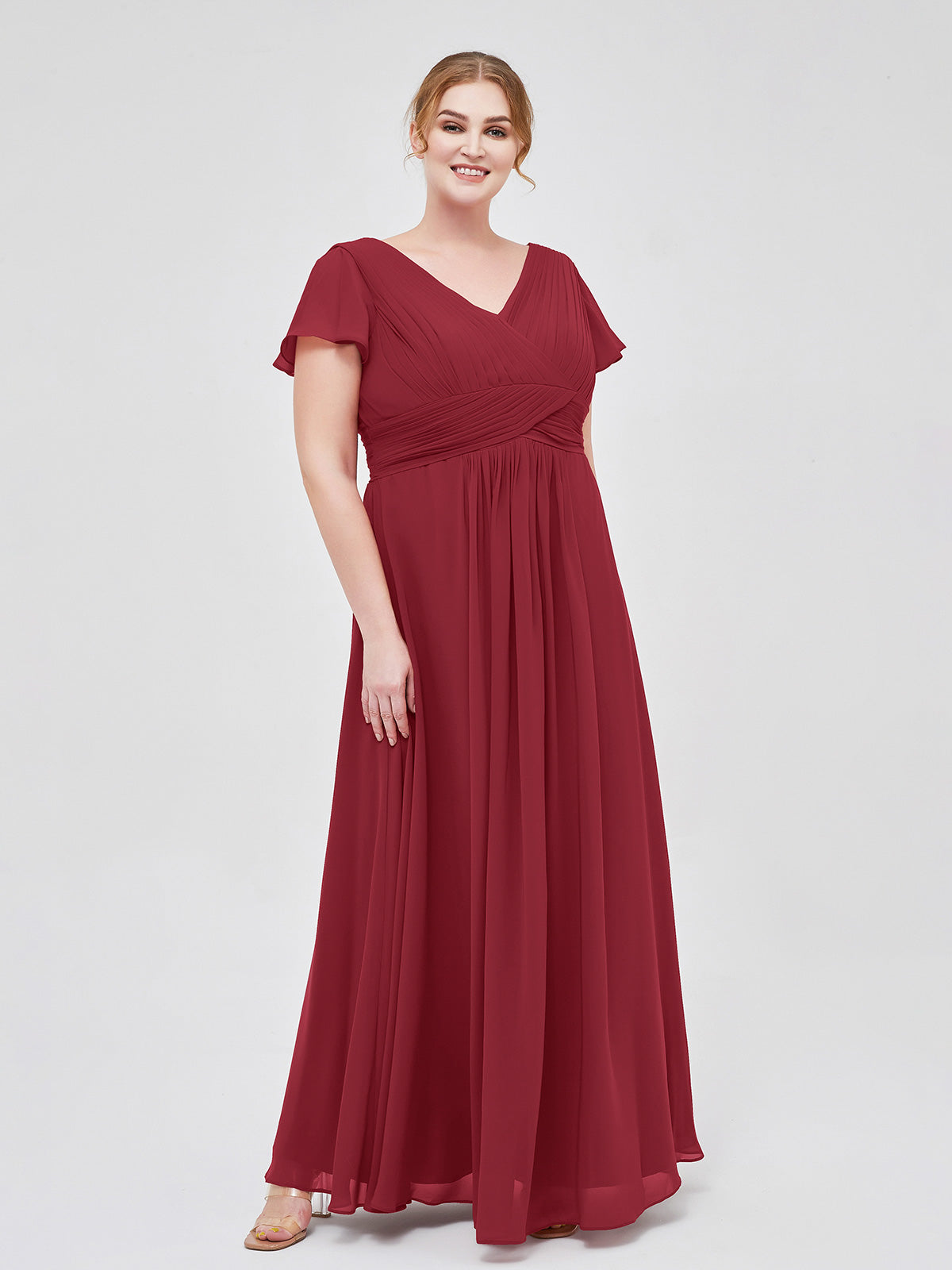 V Neck Chiffon Dresses with Cap Sleeves Burgundy Plus Size BABARONI BABARONI UK