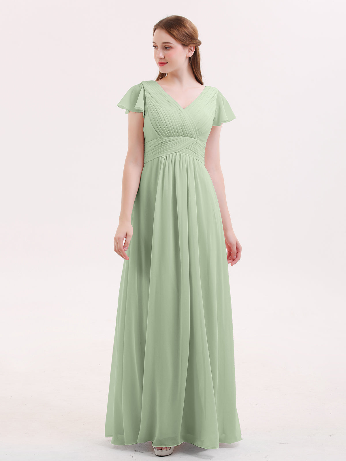 Cap Sleeves V-neck Chiffon Dress with Slit Sage main image 1