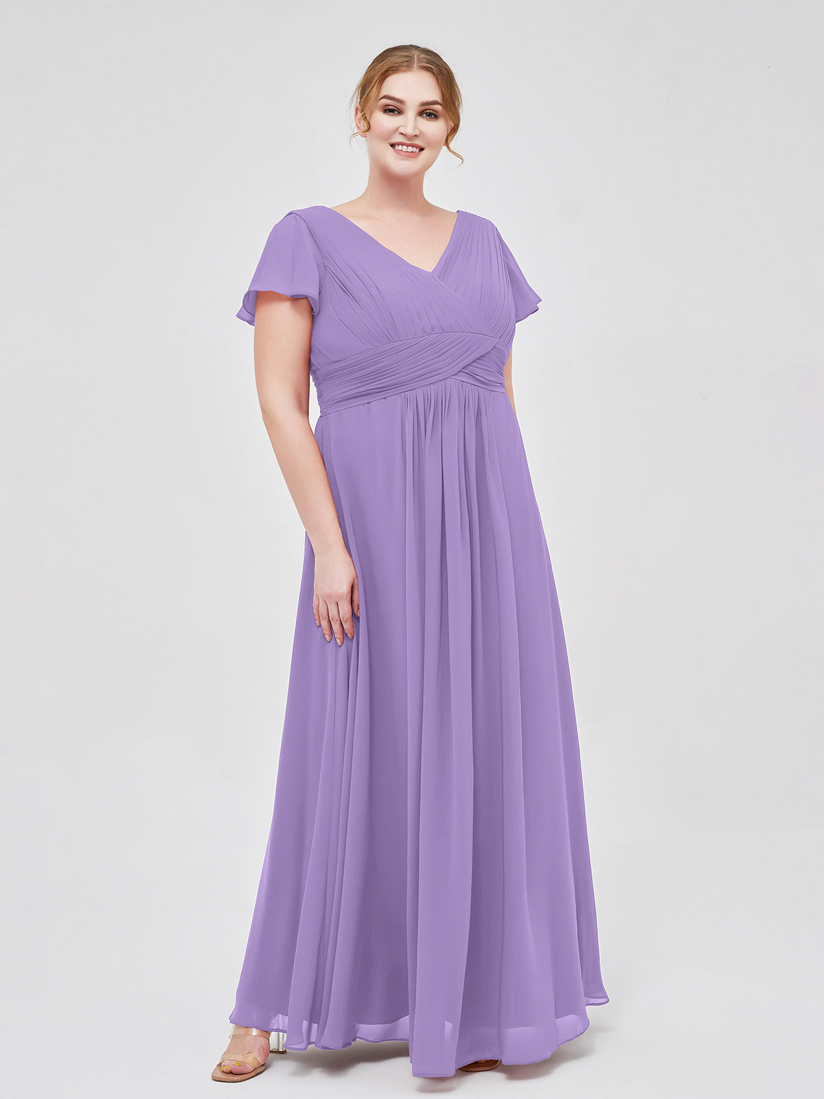 V-neck Cap Sleeves Chiffon Gown with Self-Bow Tahiti