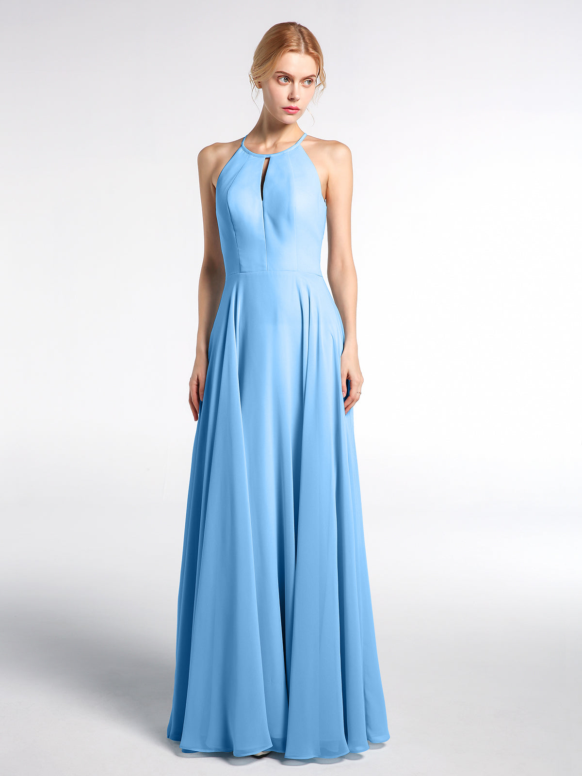 Halter Chiffon Maxi Dress with Circle Skirt Blue
