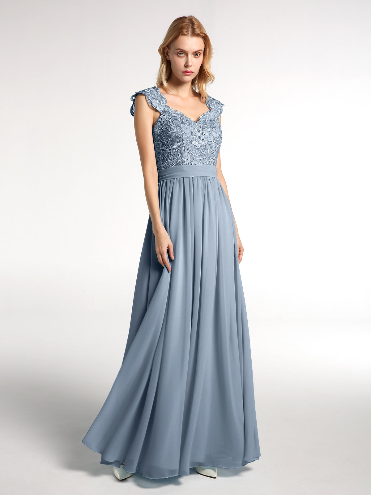 Chiffon Long Dresses with Lace Straps Dusty Blue Plus Size