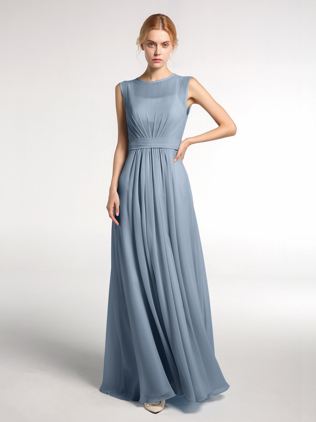 Full Length Chiffon Dresses with Bow Dusty Blue
